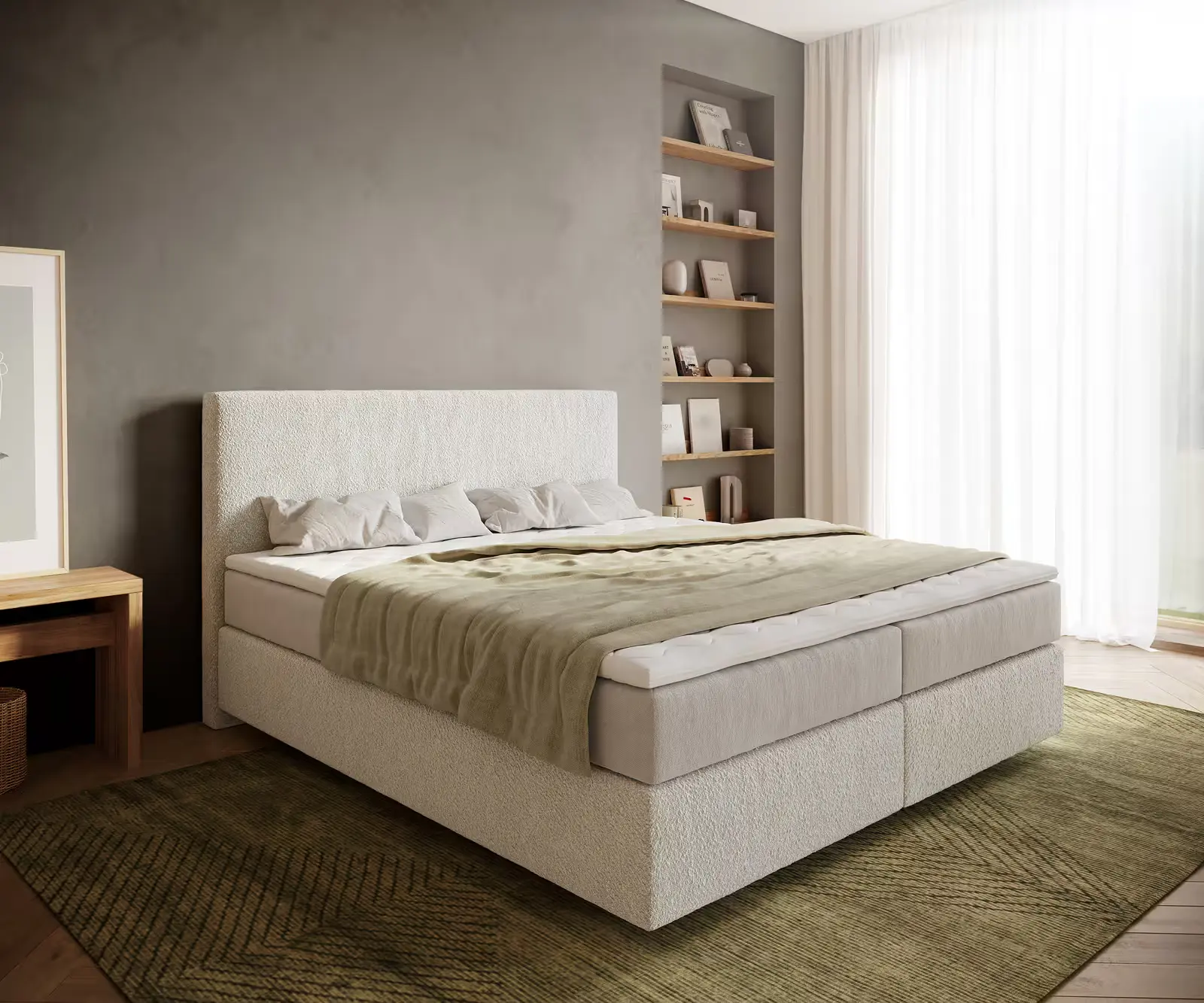 DELIFE Boxspring postel Dream-Well 180x200 cm bouclé krémovo-bílá s taštičkovou pružinovou matrací a visco topperem