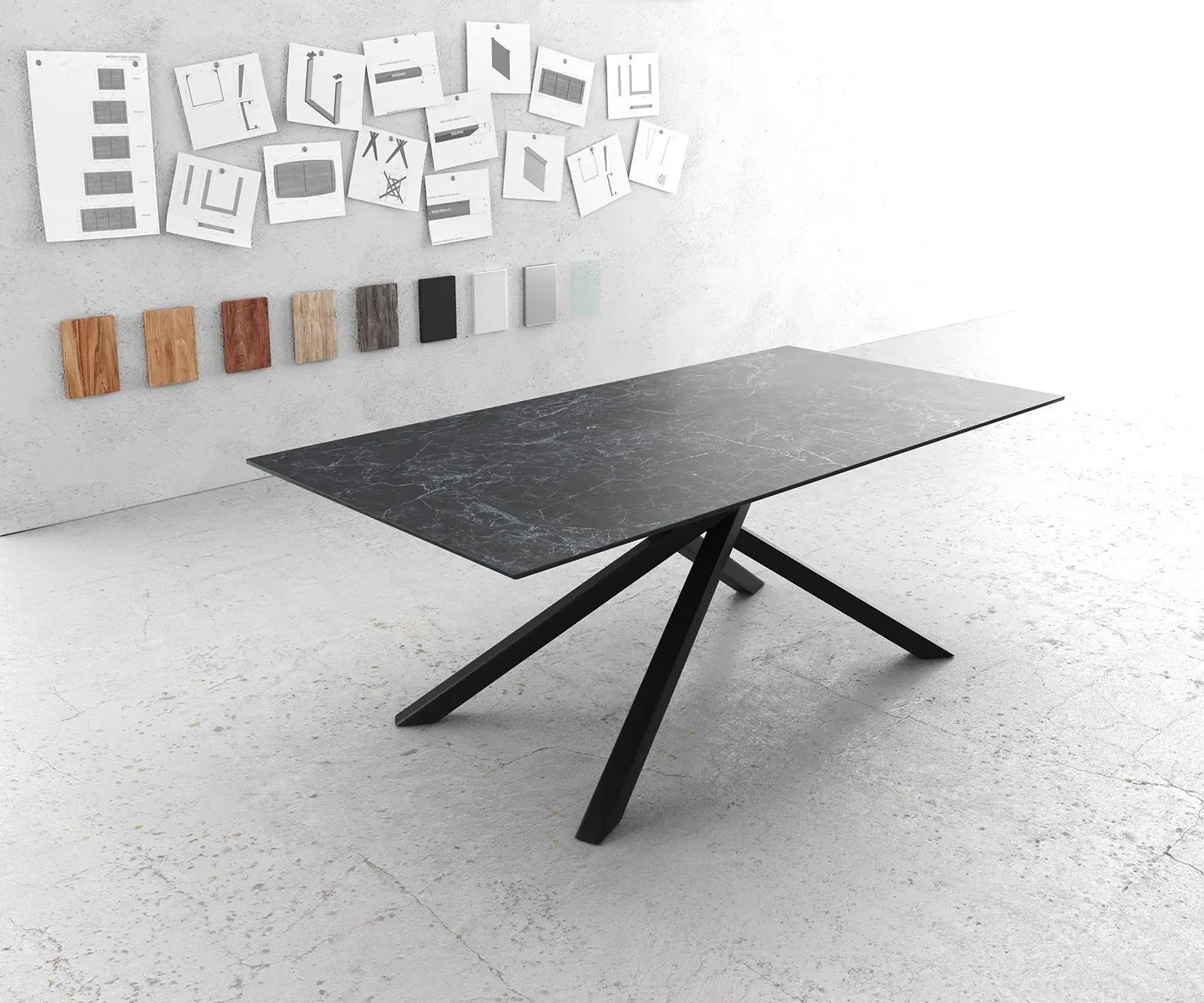 DELIFE Jídelní stůl Edge 200x100 cm keramika Laminam® Nero Greco antracitová středová podnož kříž černá