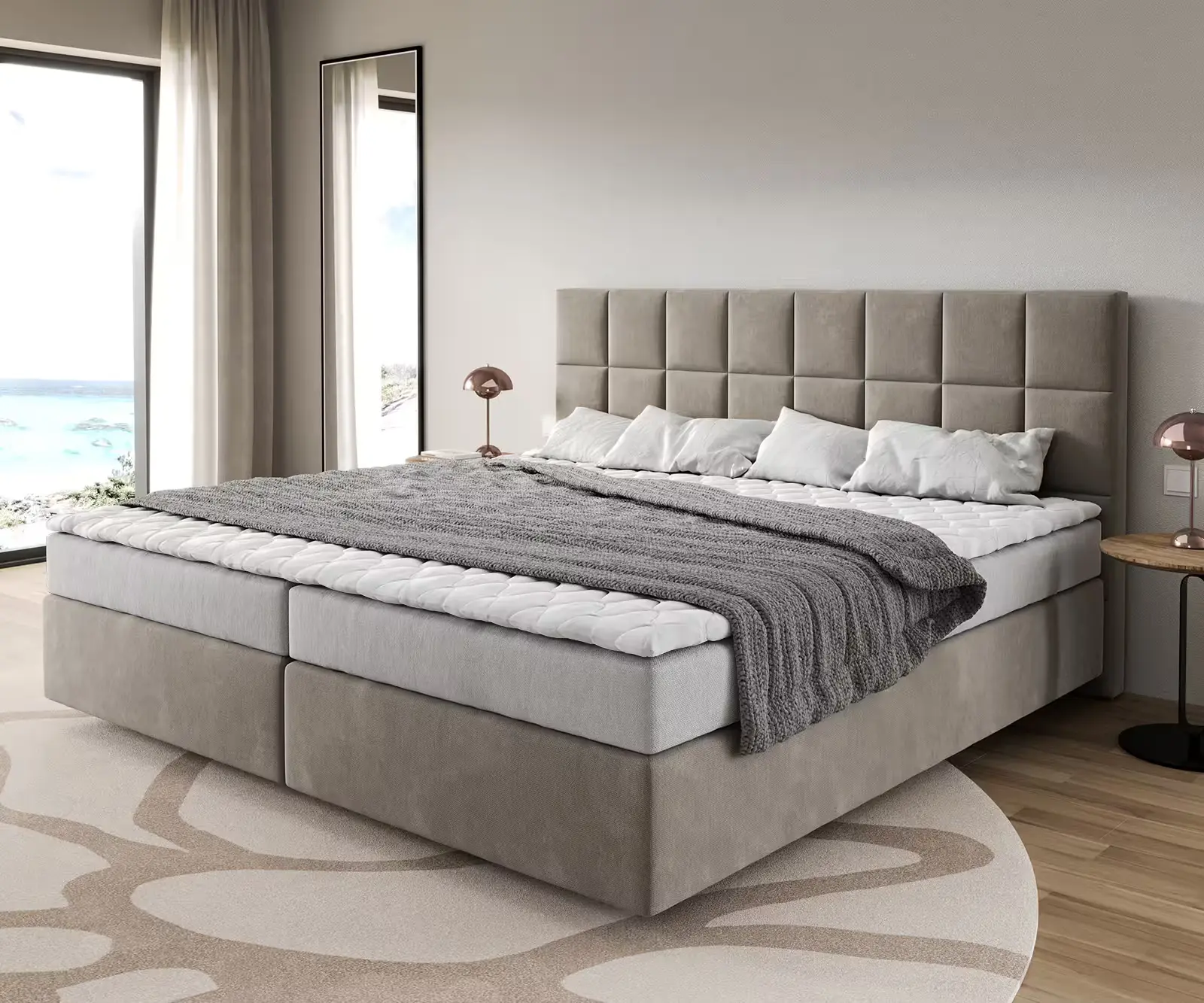DELIFE Boxspring postel Dream-Fine mikrovlákno béžová 200x200 cm bonellová matrace PU topper