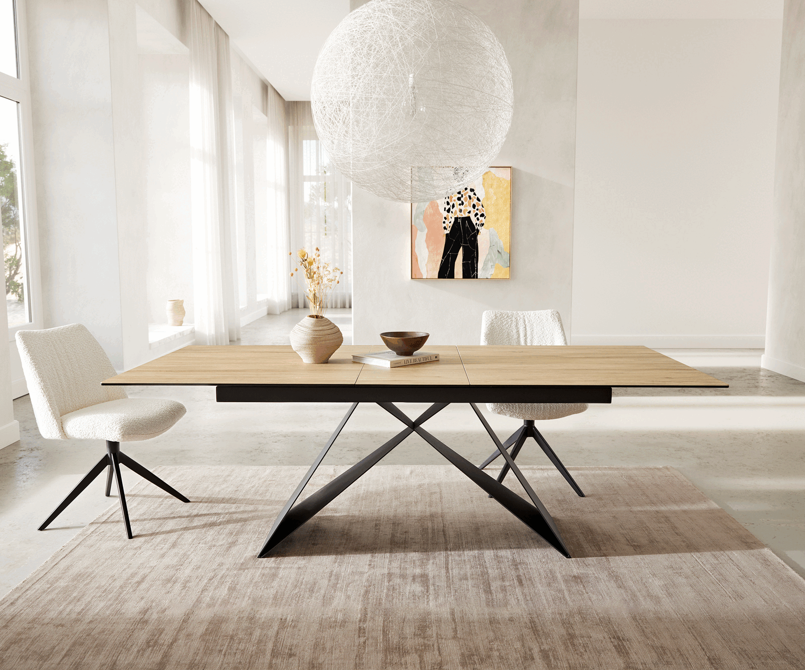 DELIFE Jídelní stůl Edge 180-220x100 keramika Laminam® Sabbia dubová barva podnož ve tvaru V plochá ocel černá rozkládací