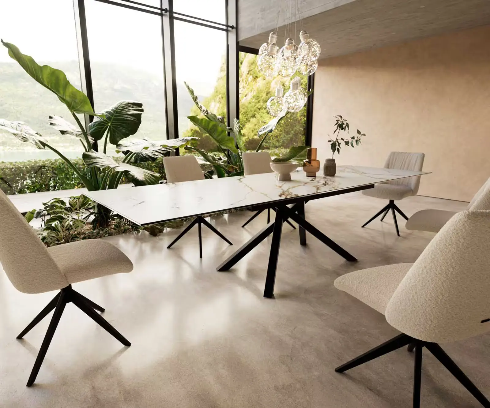 DELIFE Jídelní stůl Edge 200-300x100 keramika Calacatta Luxe bílá-zlatá-šedá křížová podnož obdélník černý rozkládací