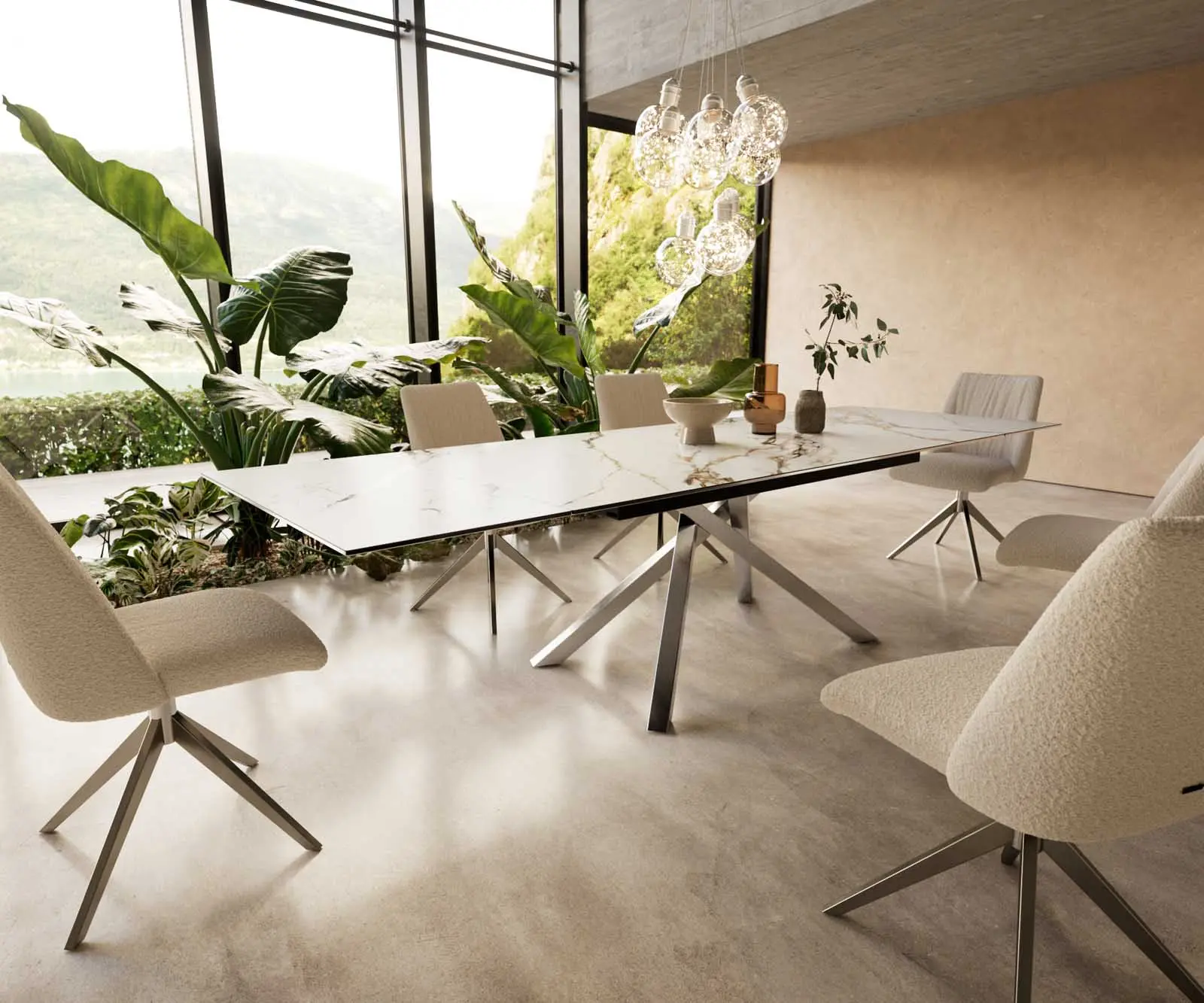 DELIFE Jídelní stůl Edge 200-300x100 keramika Calacatta Luxe bílá-zlatá-šedá křížová podnož obdélníkový nerezová ocel rozkládací