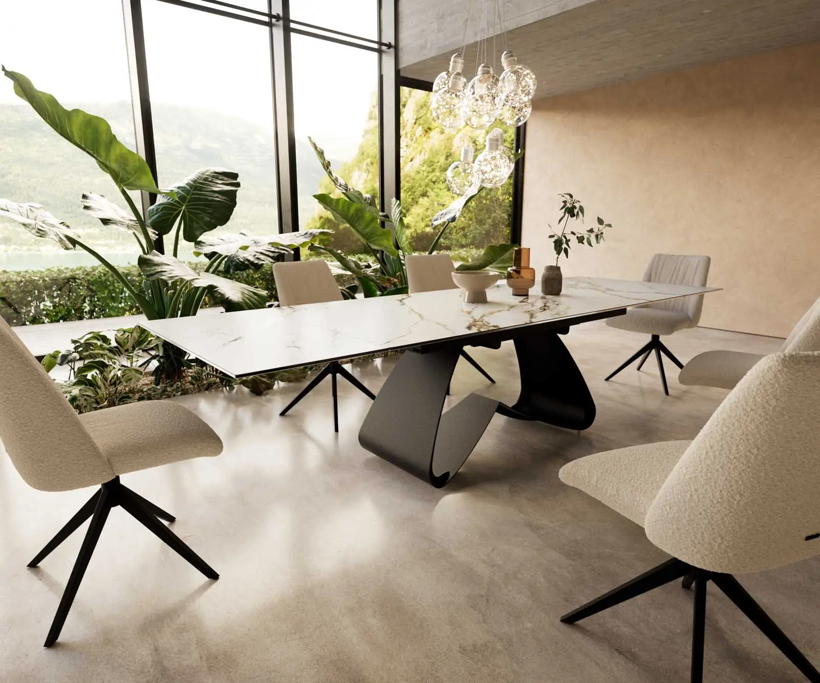 DELIFE Jídelní stůl Edge 200-300x100 keramika Calacatta Luxe bílá-zlatá-šedá W-podnož černá rozkládací