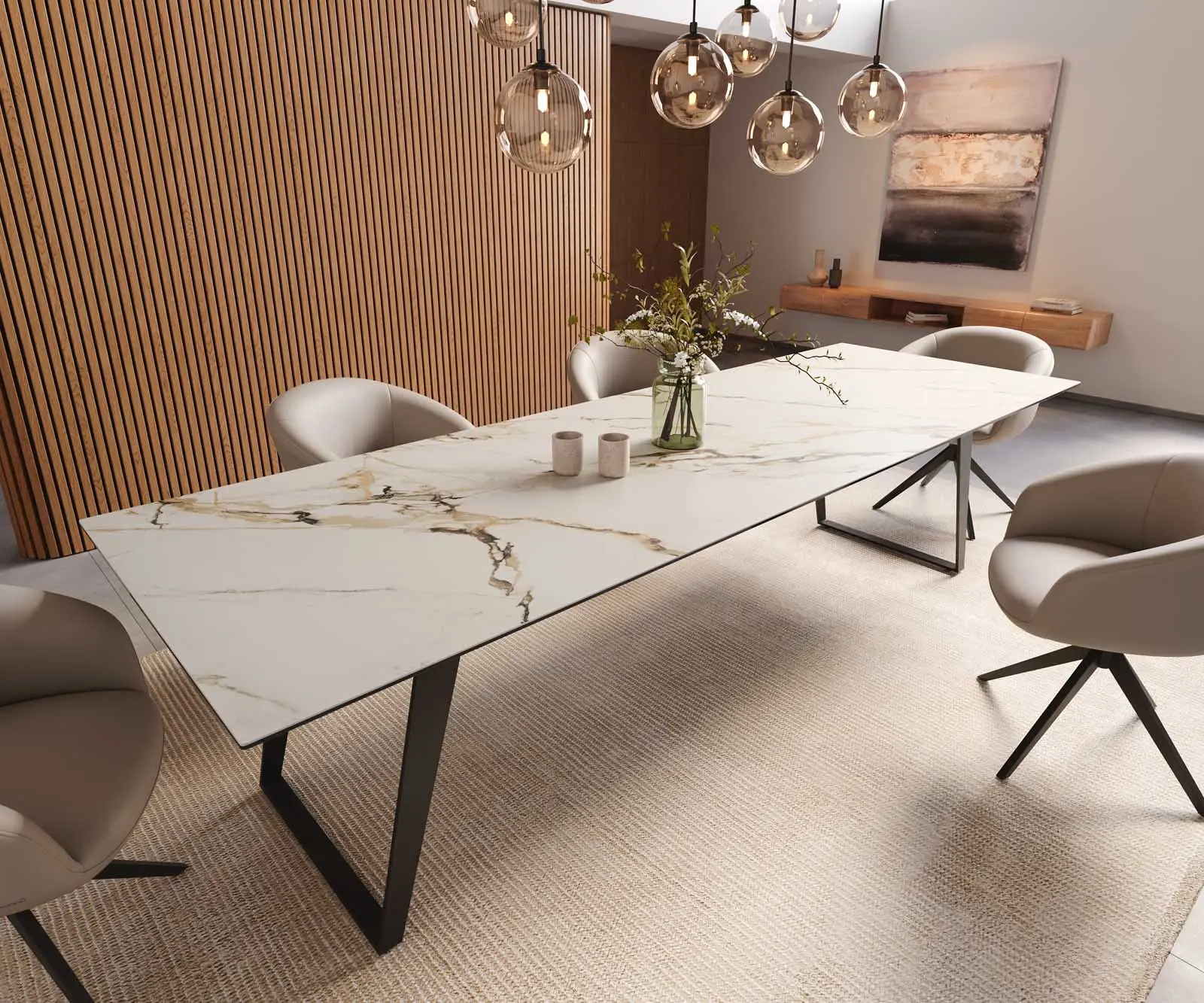 DELIFE Jídelní stůl Edge 300x100 keramika Calacatta Luxe bílá zlatá šedá kov šikmý černá