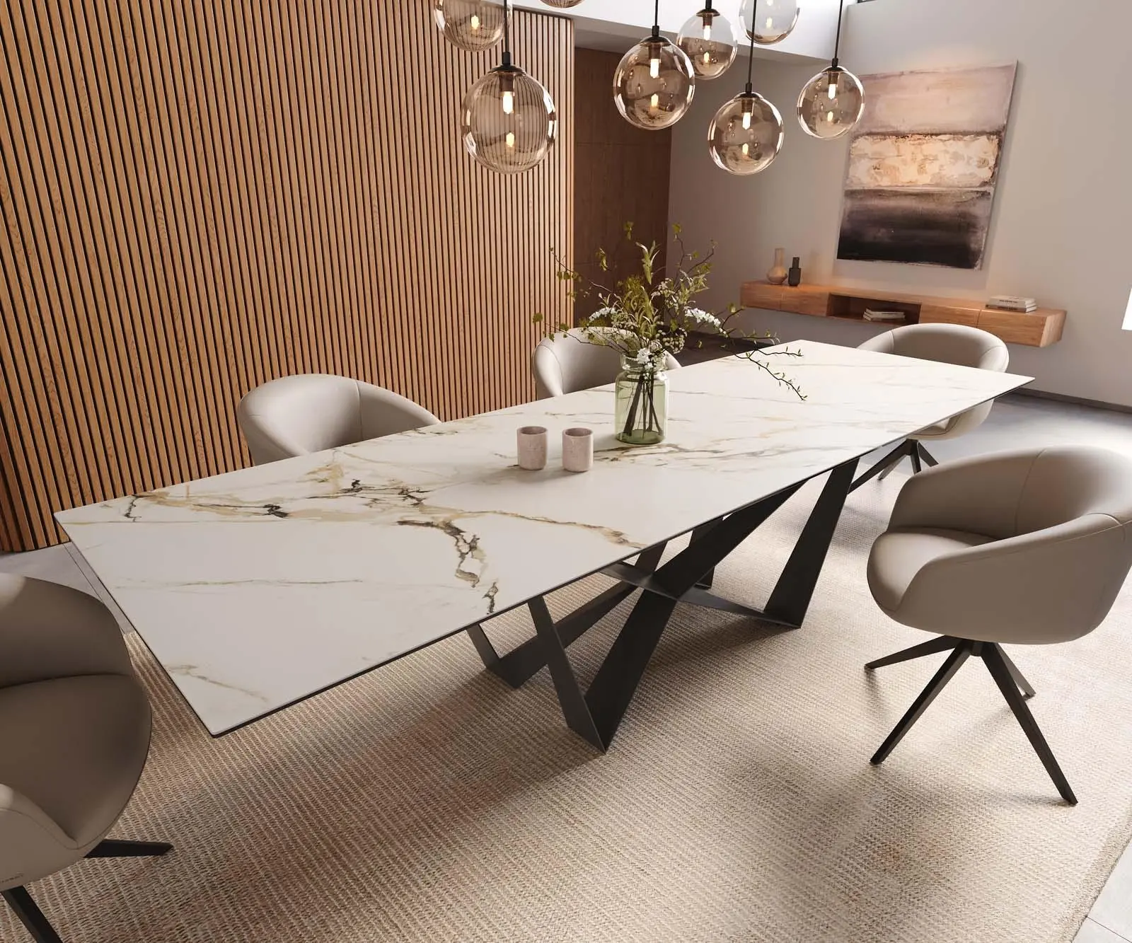 DELIFE Jídelní stůl Edge 300x100 keramika Calacatta Luxe bílá-zlatá-šedá Spider plochá ocel černá