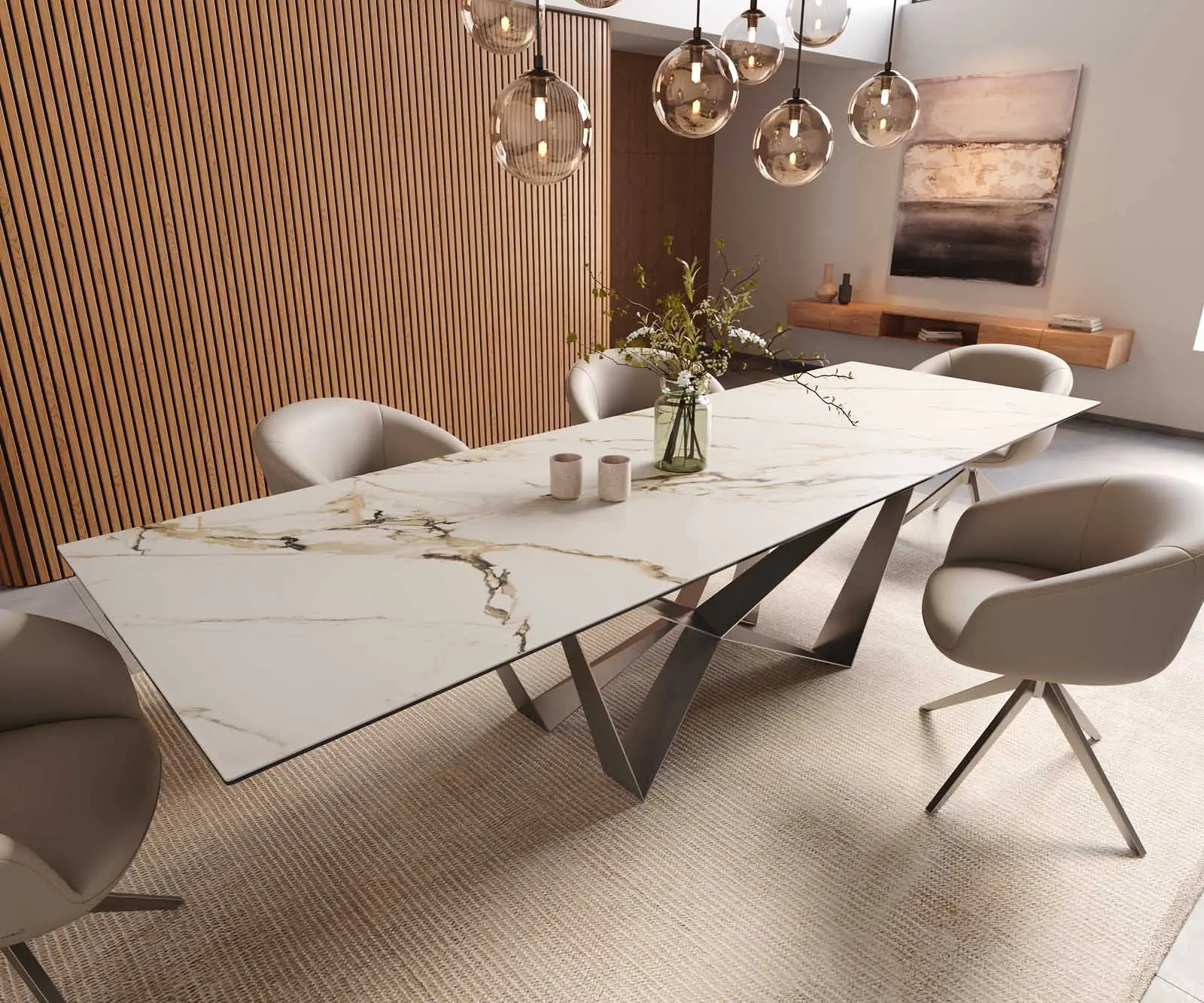 DELIFE Jídelní stůl Edge 300x100 keramika Calacatta Luxe bílá-zlatá-šedá Spider plochá ocel nerezová ocel