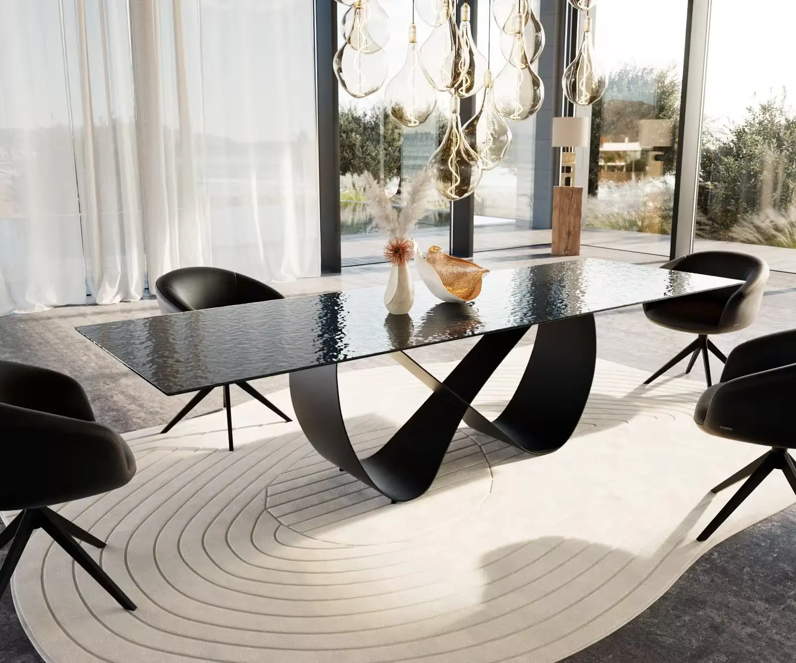 DELIFE Jídelní stůl Edge 300x100 sklo s reliéfem kouřově černé 3D design Infinity kov černá
