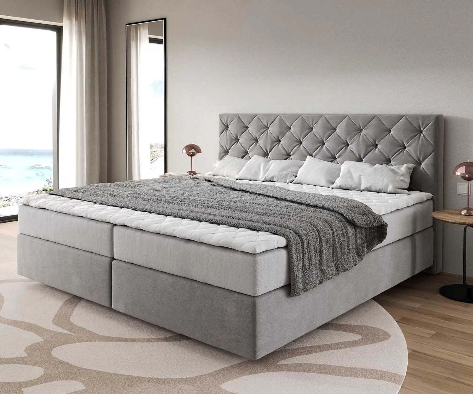 DELIFE Boxspring postel Dream-Great mikrovlákno šedá 200x200 cm s taštičkovou pružinovou matrací a visco topperem