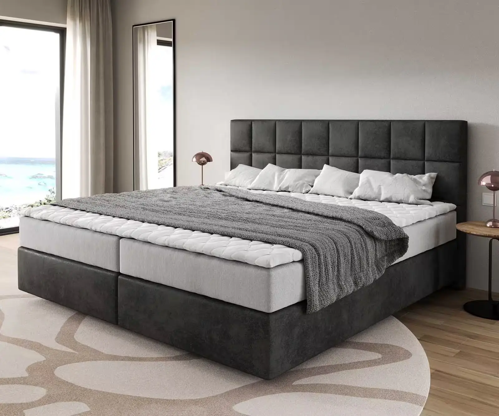 DELIFE Boxspring postel Dream-Fine mikrovlákno antracitová vintage 200x200 cm s taštičkovou pružinovou matrací a visco topperem