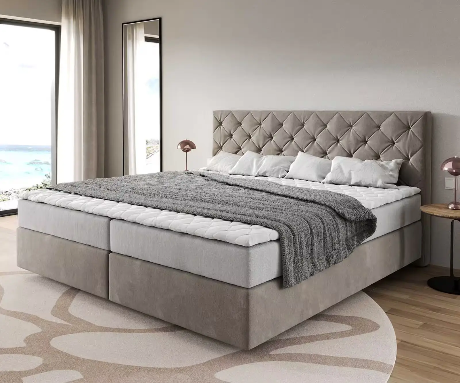 DELIFE Boxspring postel Dream-Great mikrovlákno béžová 200x200 cm s taštičkovou pružinovou matrací a visco topperem