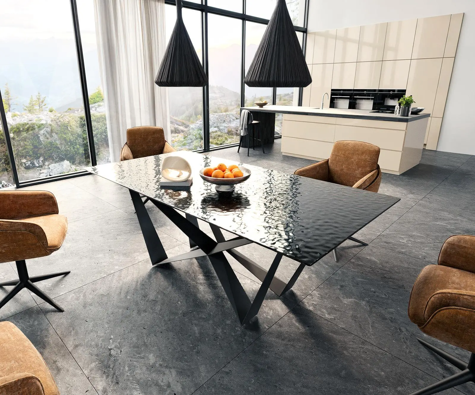 DELIFE Jídelní stůl Edge 200x100 sklo s reliéfem kouřově černé 3D design Spider plochá ocel černá