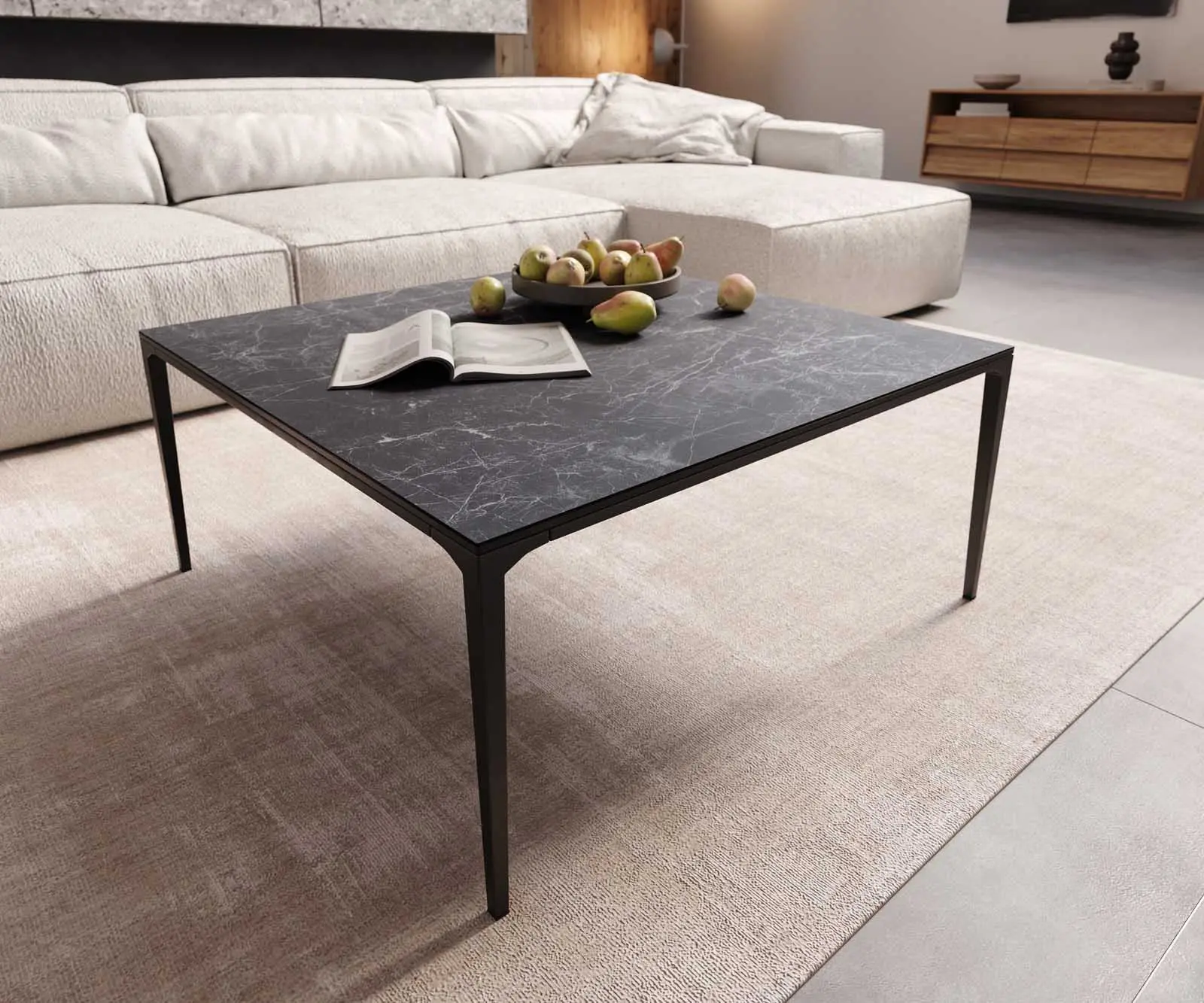 DELIFE Konferenční stolek Levente 85x85 cm keramika Laminam® Nero Greco antracitová podnož kov černá