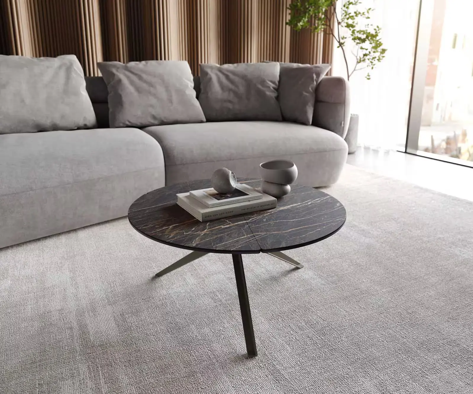 DELIFE Konferenční stolek Delron 70x70 cm keramika Laminam®Noir Desir hnědá křížová podnož plochá kov titanový efektový povrch