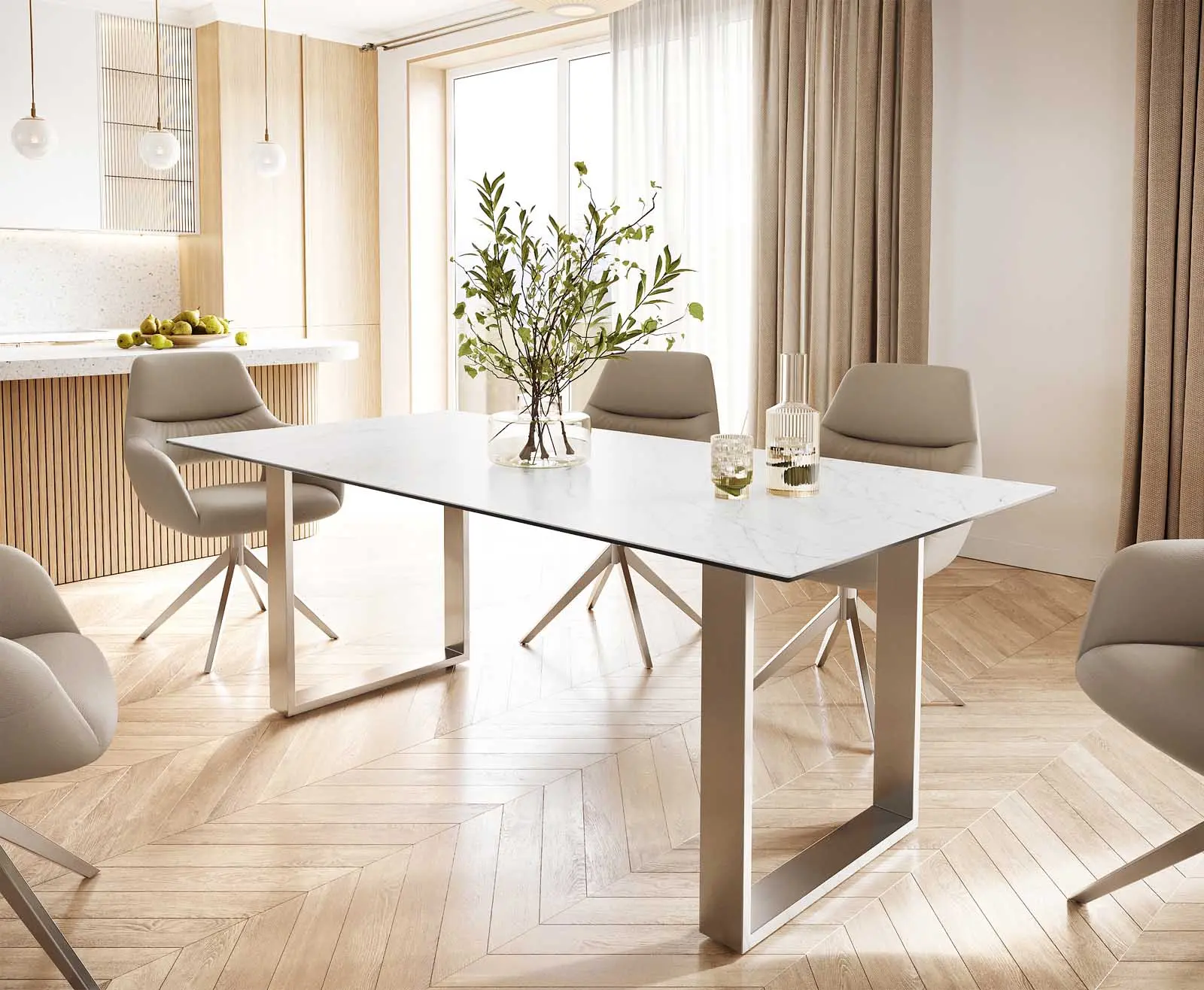 DELIFE Jídelní stůl Edge 200x100 keramika Laminam® Statuarietto bílá nerezová ocel úzký