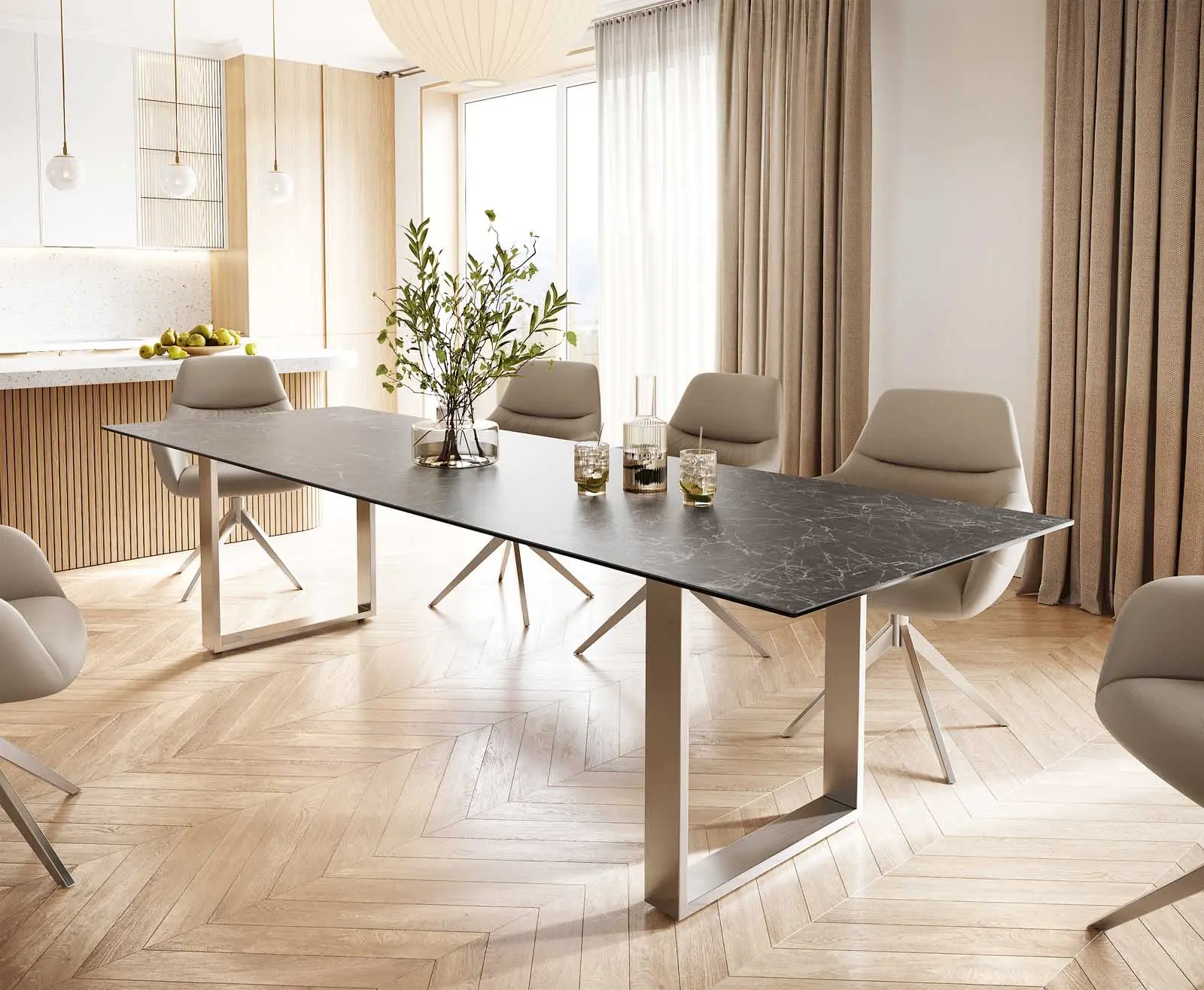 DELIFE Jídelní stůl Edge 300x100 keramika Laminam® Nero Greco antracitová nerezová ocel úzký