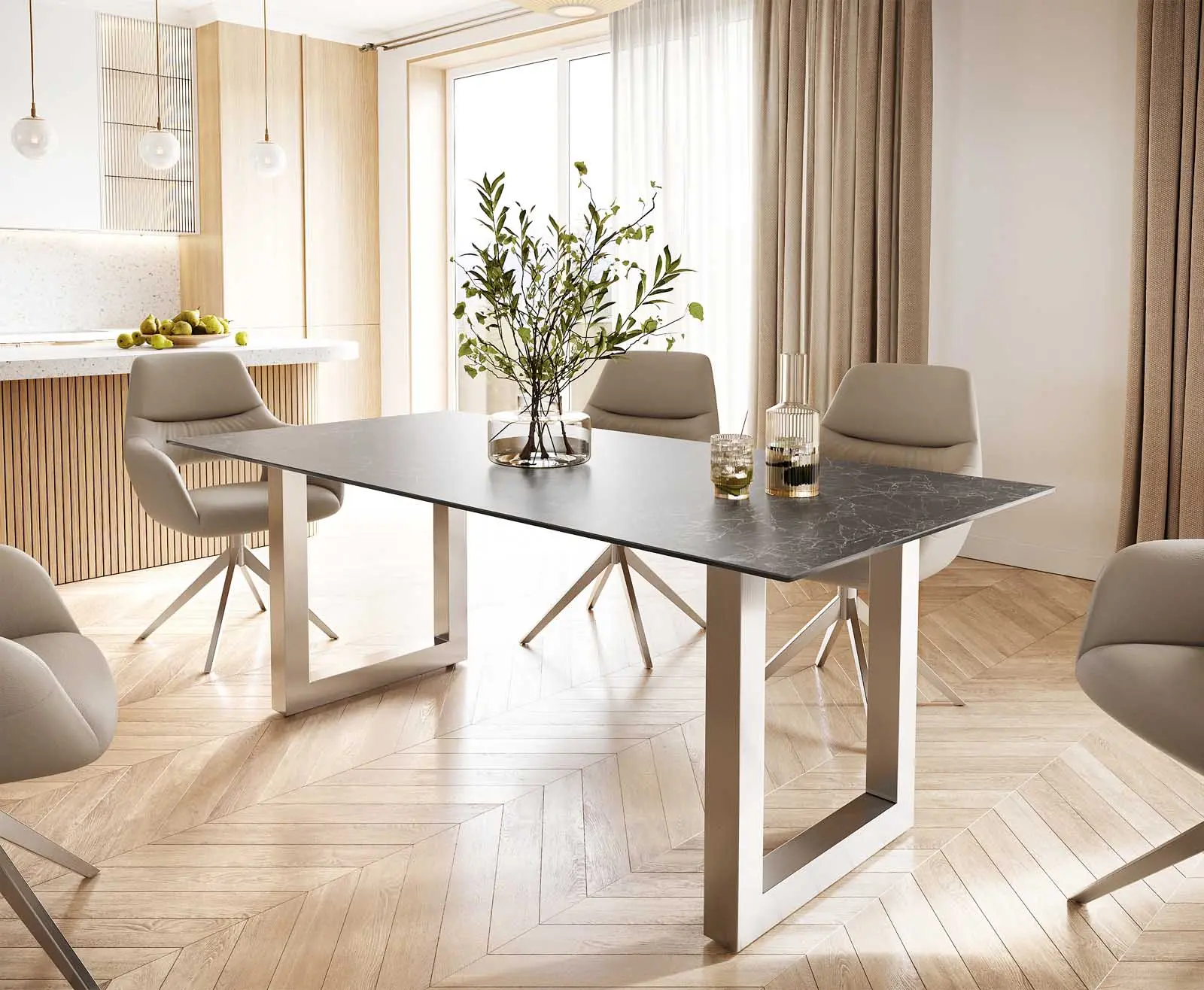 DELIFE Jídelní stůl Edge 200x100 keramika Laminam® Nero Greco antracitová nerezová ocel široký