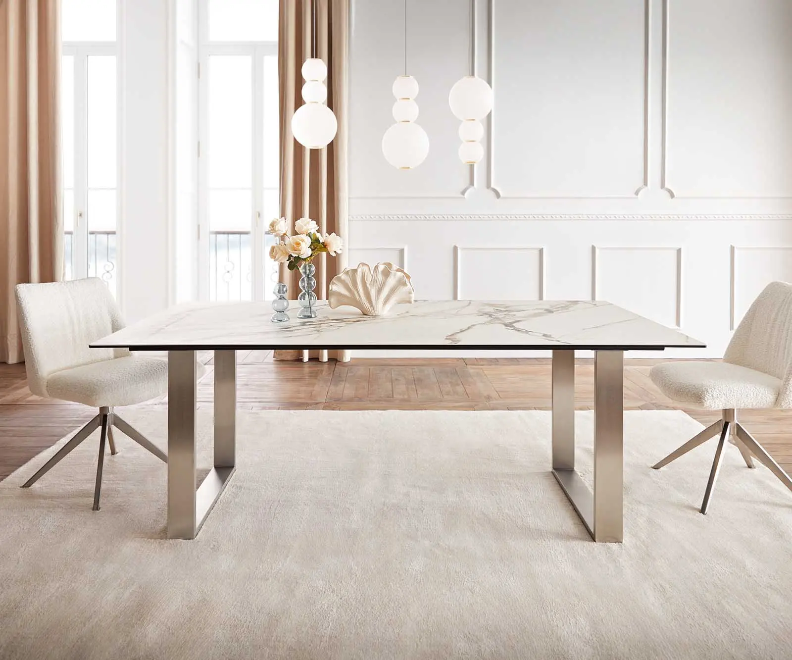 DELIFE Jídelní stůl Edge 200x100 keramika Calacatta Luxe bílá-zlatá-šedá nerezová ocel úzký