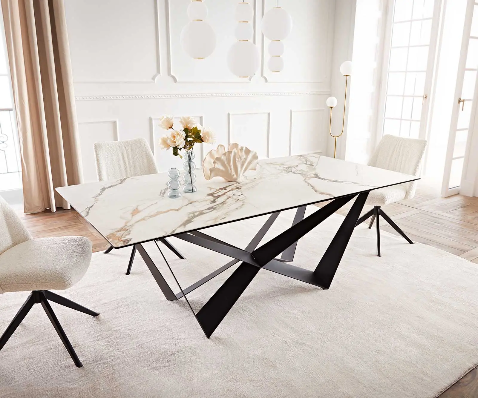 DELIFE Jídelní stůl Edge 200x100 keramika Calacatta Luxe bílá-zlatá-šedá Spider plochá ocel černá