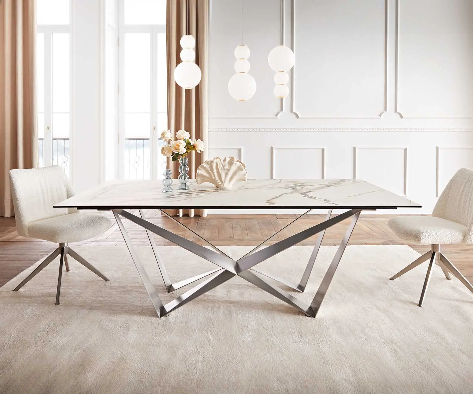 DELIFE Jídelní stůl Edge 200x100 keramika Calacatta Luxe bílá-zlatá-šedá Spider plochá ocel nerezová ocel