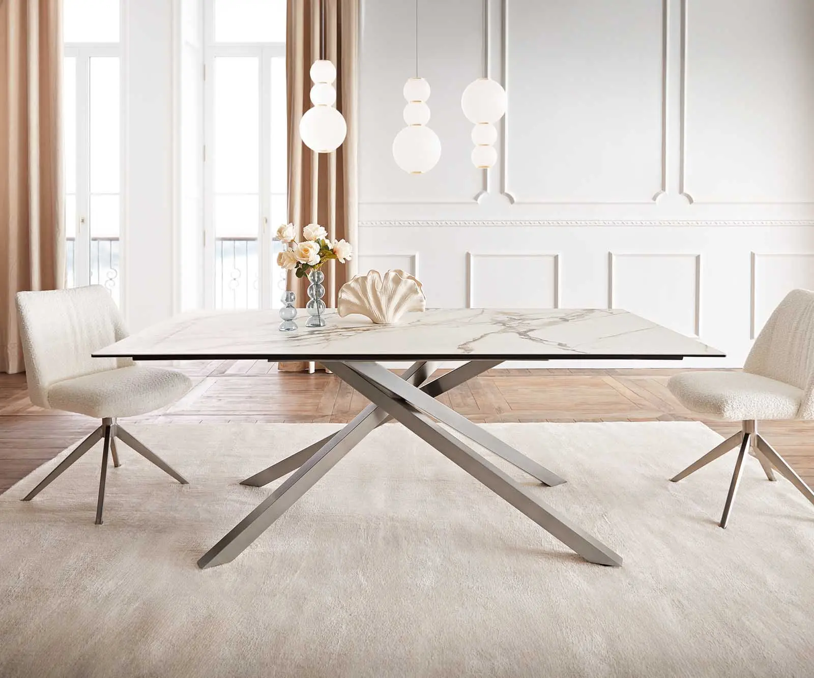 DELIFE Jídelní stůl Edge 200x100 keramika Calacatta Luxe bílá-zlatá-šedá křížová podnož nerezová ocel