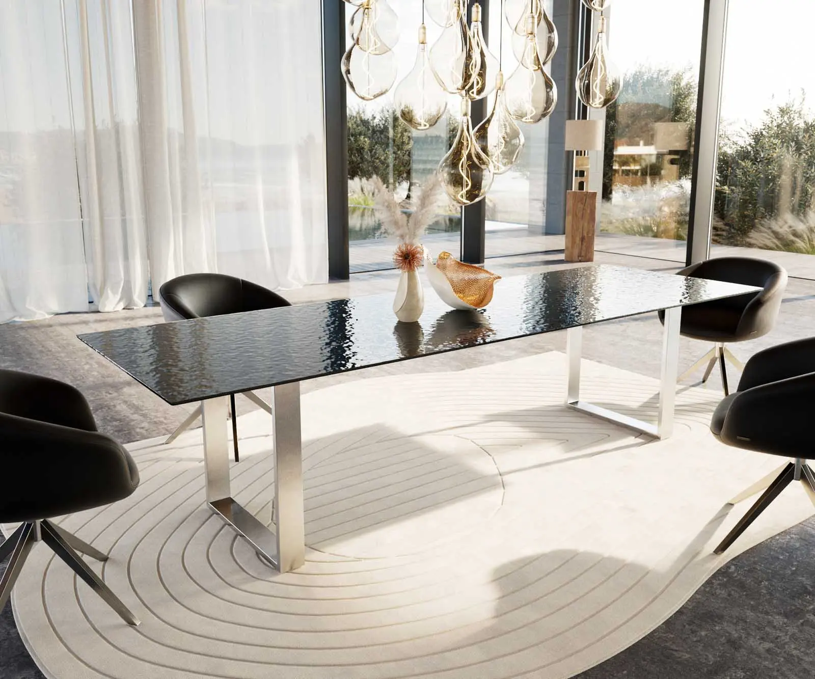 DELIFE Jídelní stůl Edge 300x100 sklo s reliéfem kouřově černé 3D design nerezová ocel úzký