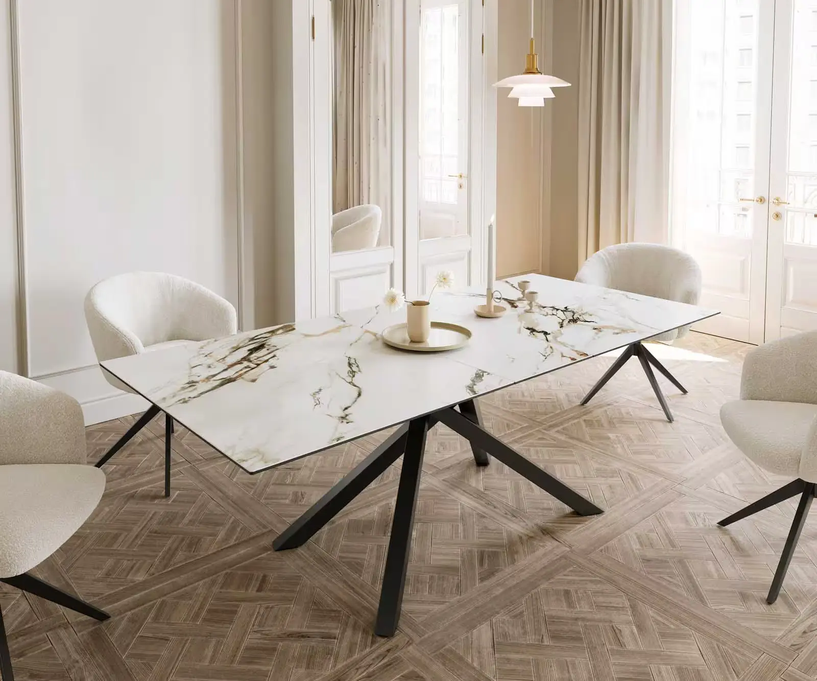 DELIFE Jídelní stůl Edge 180-220x100 keramika Calacatta Luxe bílá-zlatá-šedá křížová podnož obdélník černý rozkládací