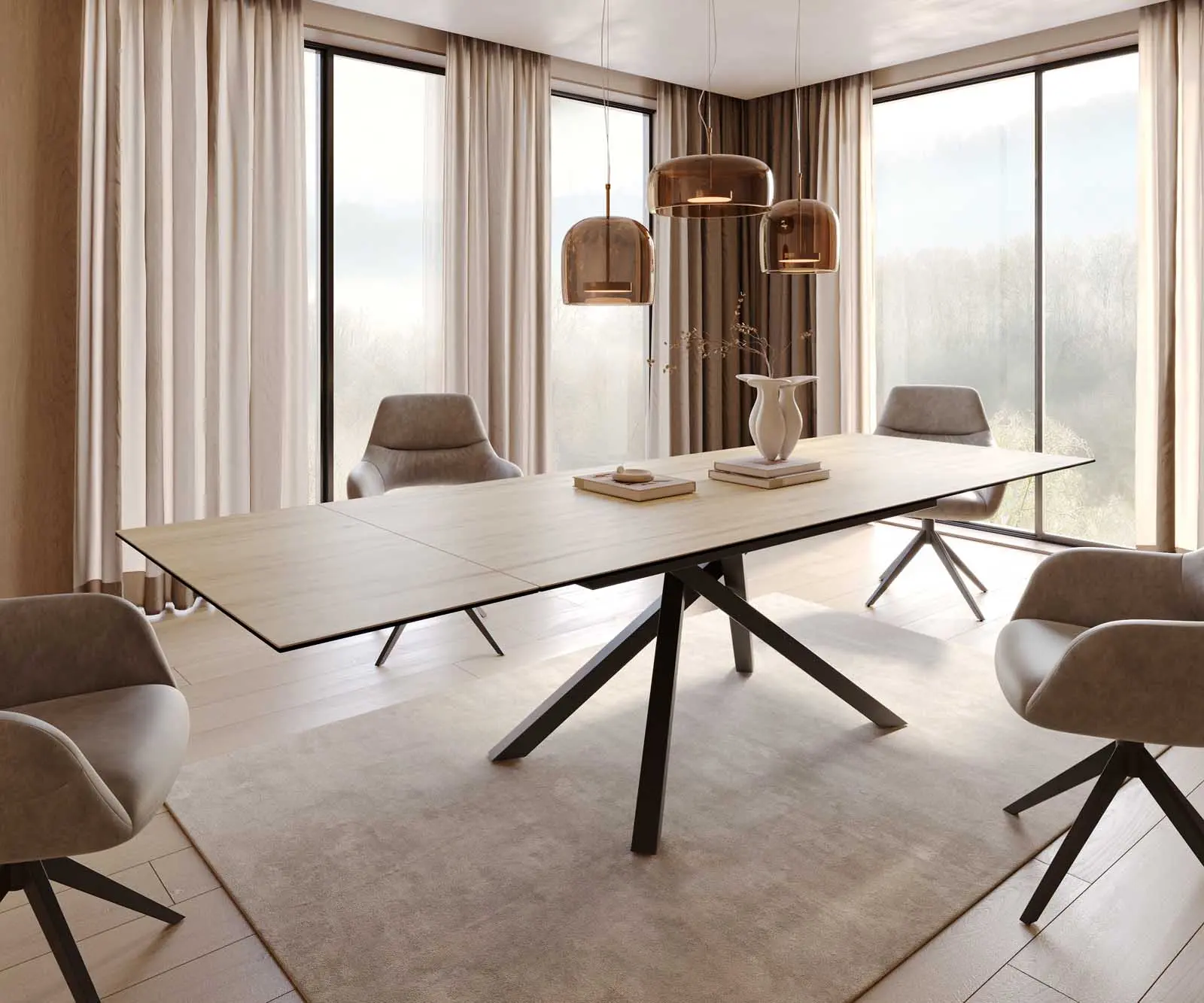 DELIFE Jídelní stůl Edge 200-300x100 keramika Laminam® Sabbia dubová křížová podnož obdélníkový černý rozkládací