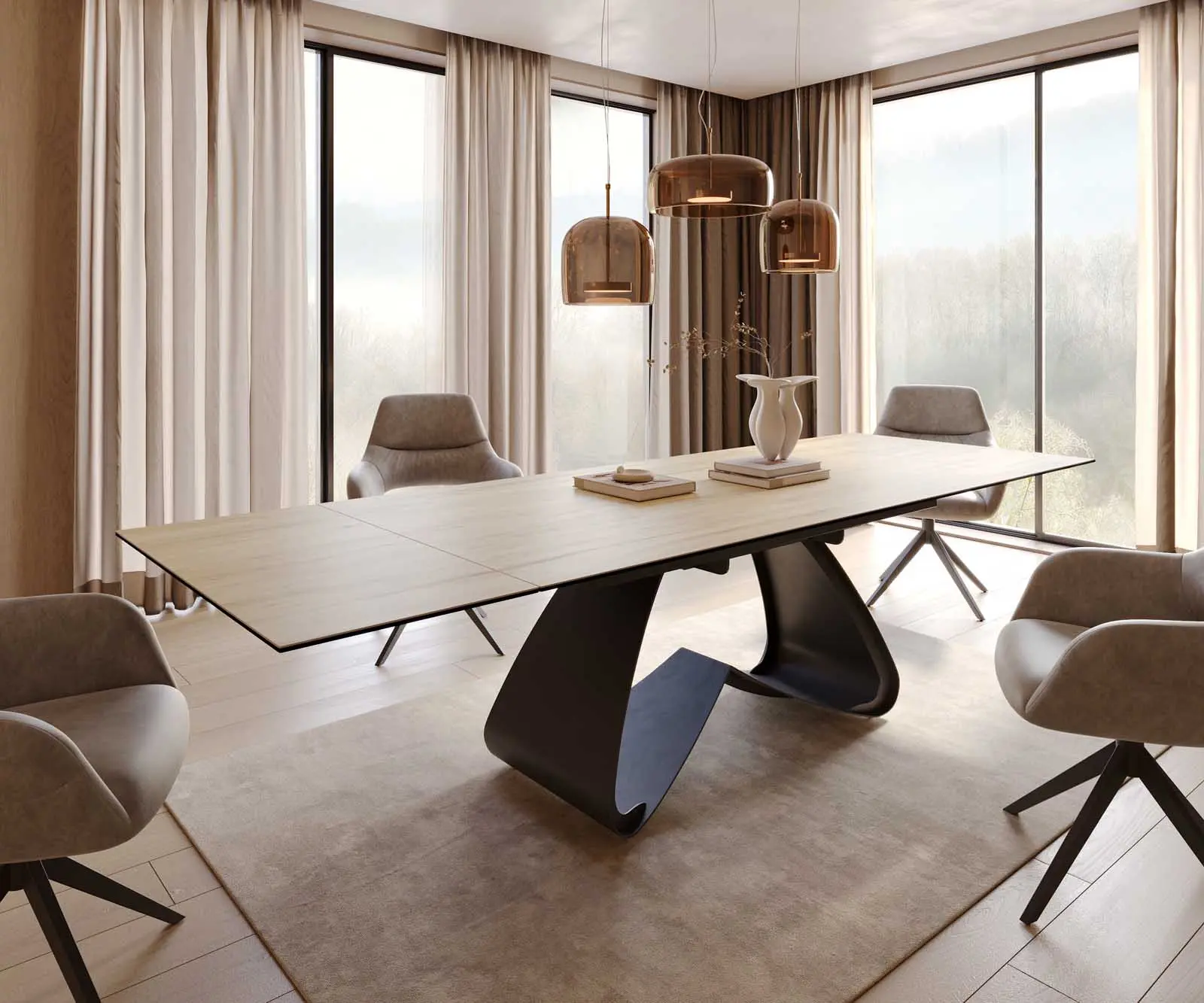 DELIFE Jídelní stůl Edge 200-300x100 keramika Laminam® písečná dubová barva W-podnož černá rozkládací