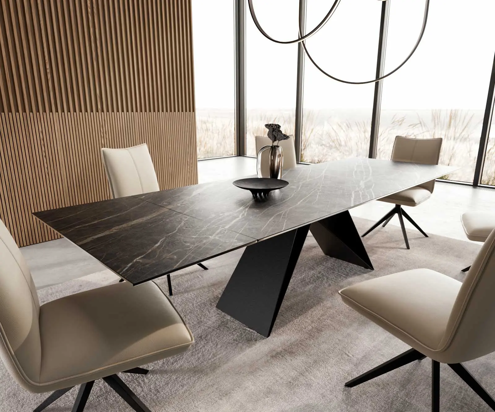 DELIFE Jídelní stůl Edge 200-300x100 keramika Laminam®Noir Desir hnědý V-podnož plochá ocel černá rozkládací