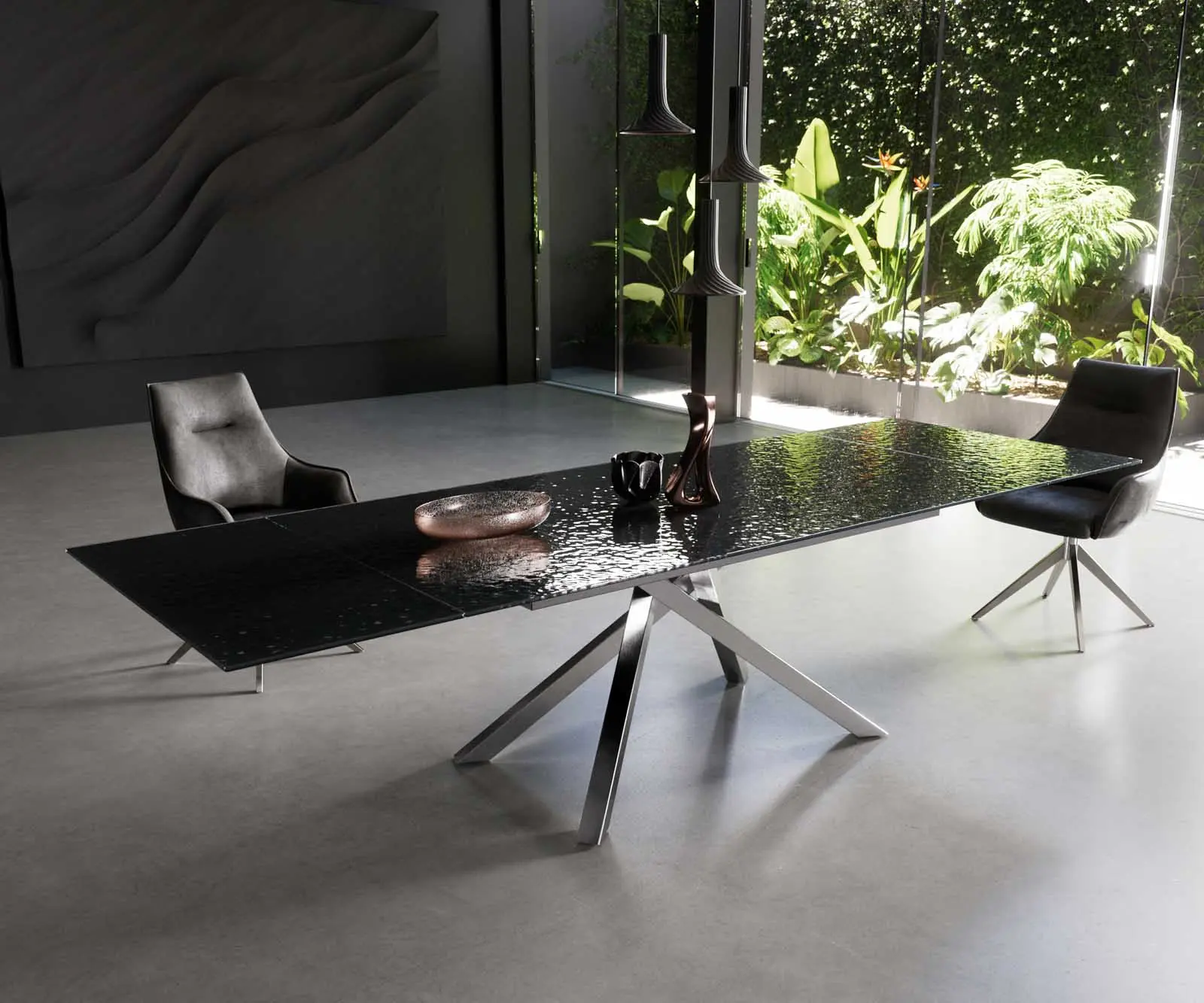 DELIFE Jídelní stůl Edge 200-300x100 sklo s reliéfem kouřově černé 3D design křížová podnož obdélník nerezová ocel rozkládací