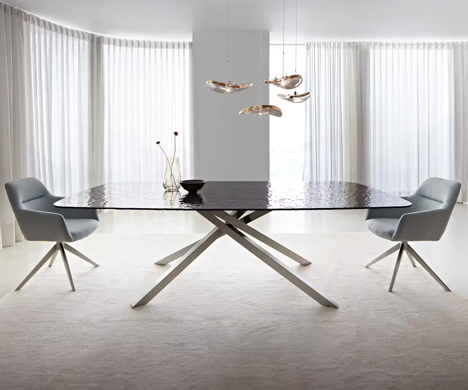DELIFE Jídelní stůl Edge oválný 240x120 sklo s reliéfem kouřově černé 3D design křížová podnož nerezová ocel