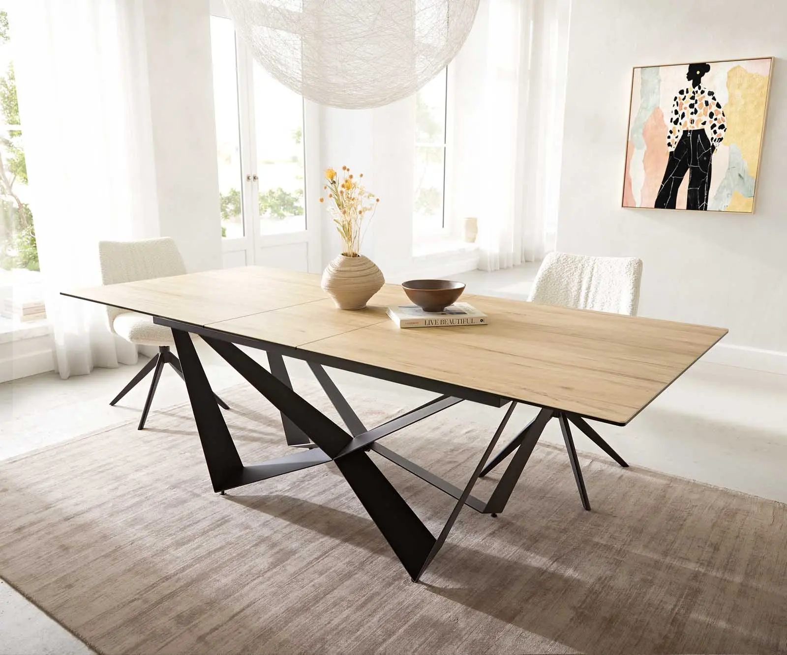 DELIFE Jídelní stůl Edge 180-220x100 keramika Laminam® Sabbia dubová barva Spider plochá ocel černá rozkládací