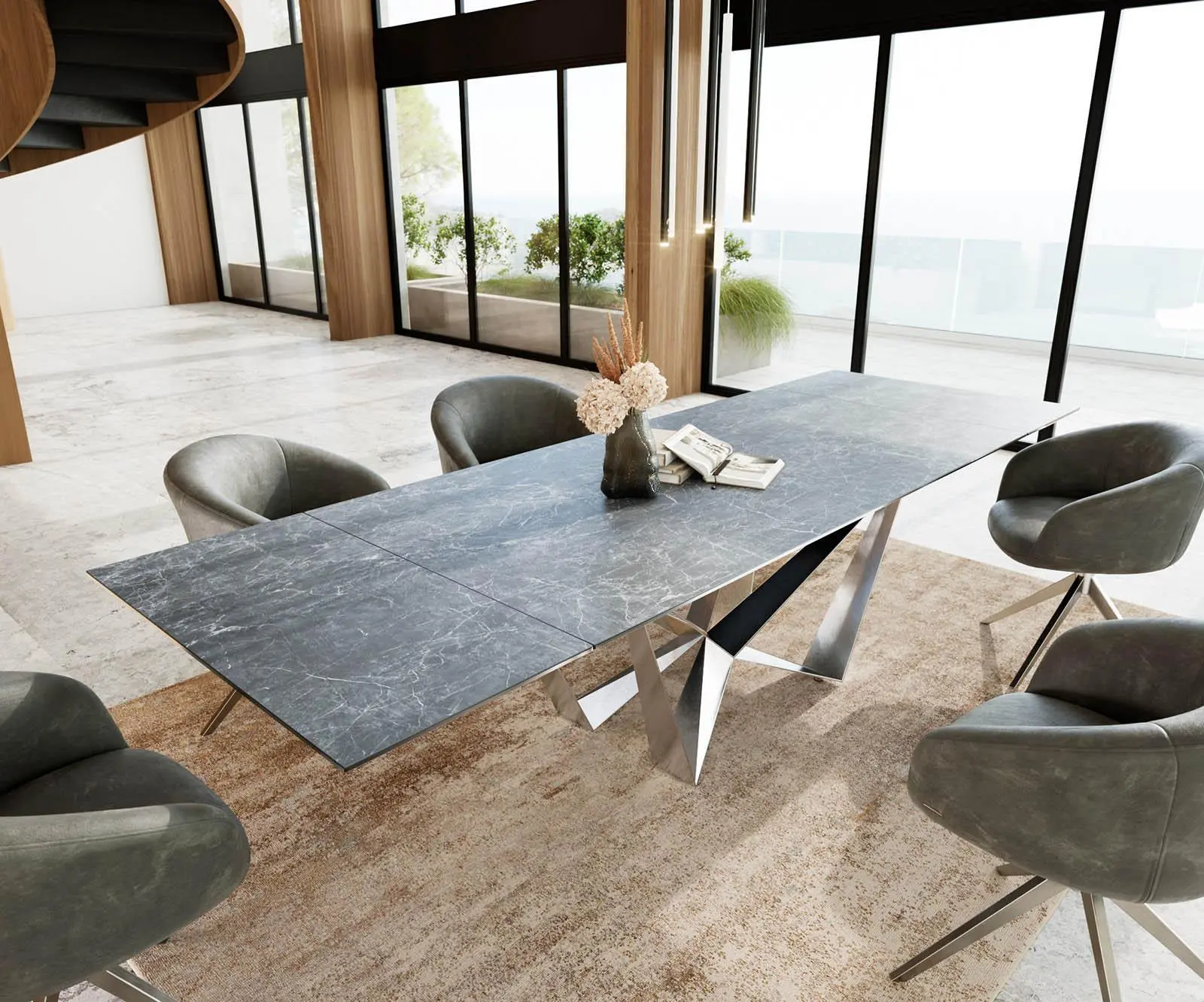 DELIFE Jídelní stůl Edge 200-300x100 keramika Laminam®Nero Greco antracitová Spider plochá ocel nerezová ocel rozkládací