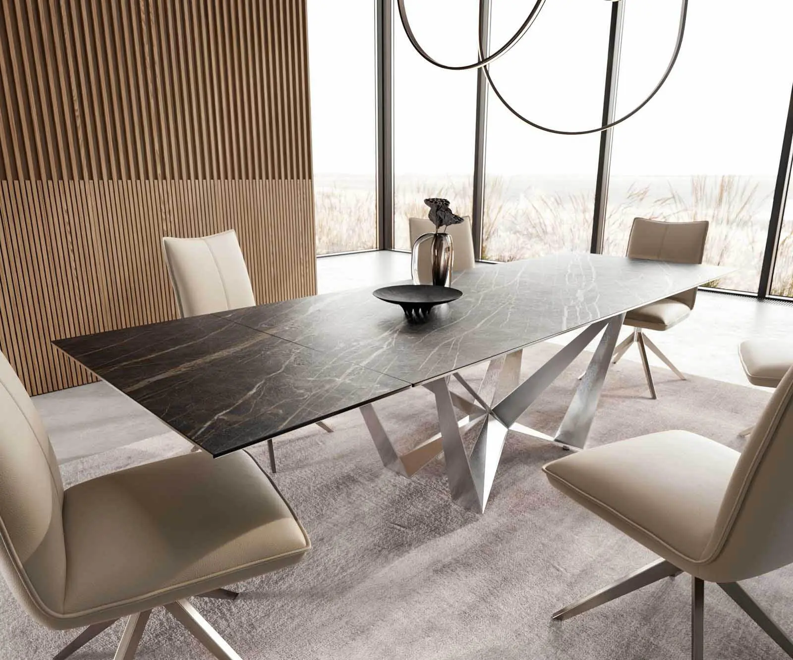 DELIFE Jídelní stůl Edge 200-300x100 keramika Laminam®Noir Desir hnědý Spider plochá ocel nerezová ocel rozkládací