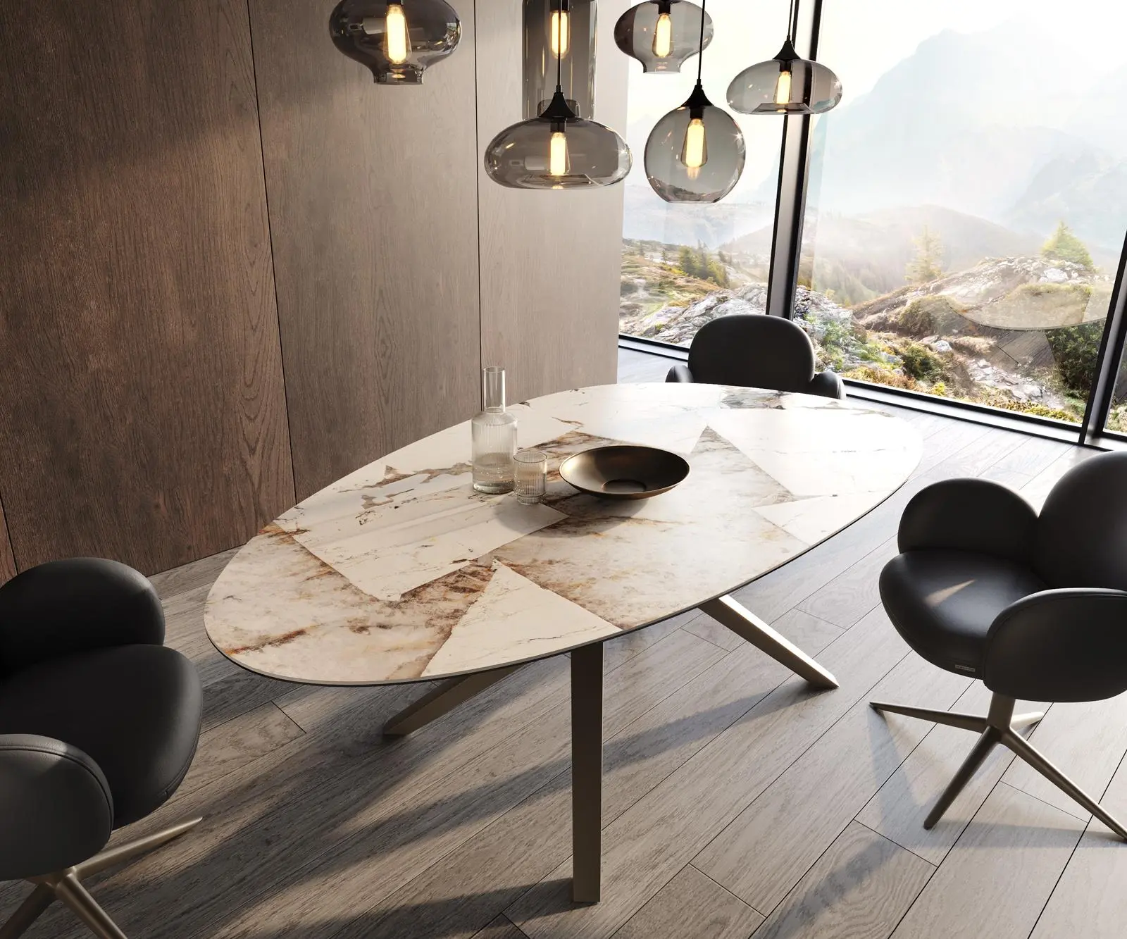 DELIFE Jídelní stůl Edge oválný 220x120 keramika Iris FMG Patagonia Lappato Zenthara hranatý kov titanový efektový povrch