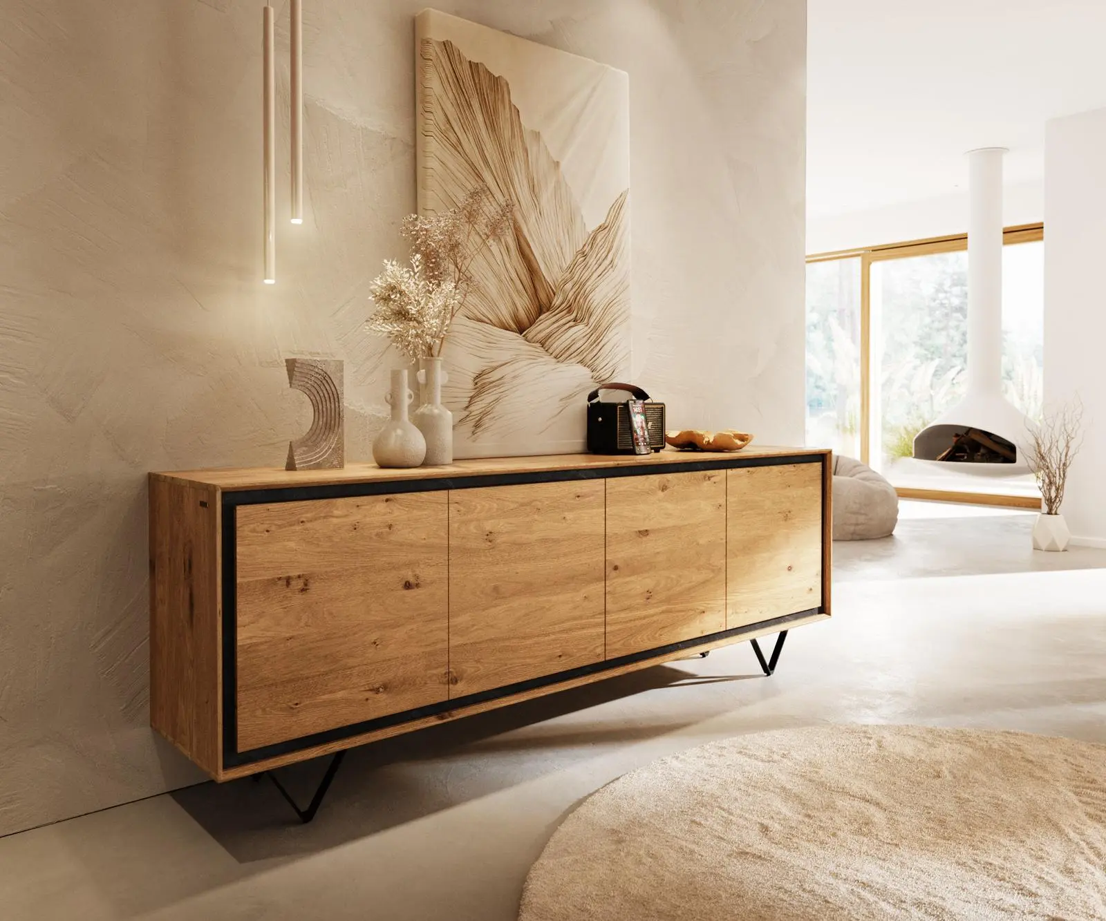 DELIFE Komoda Stonegrace 200 cm dub přírodní 4 dvířka kamenná dýha podnož ve tvaru V kov černá