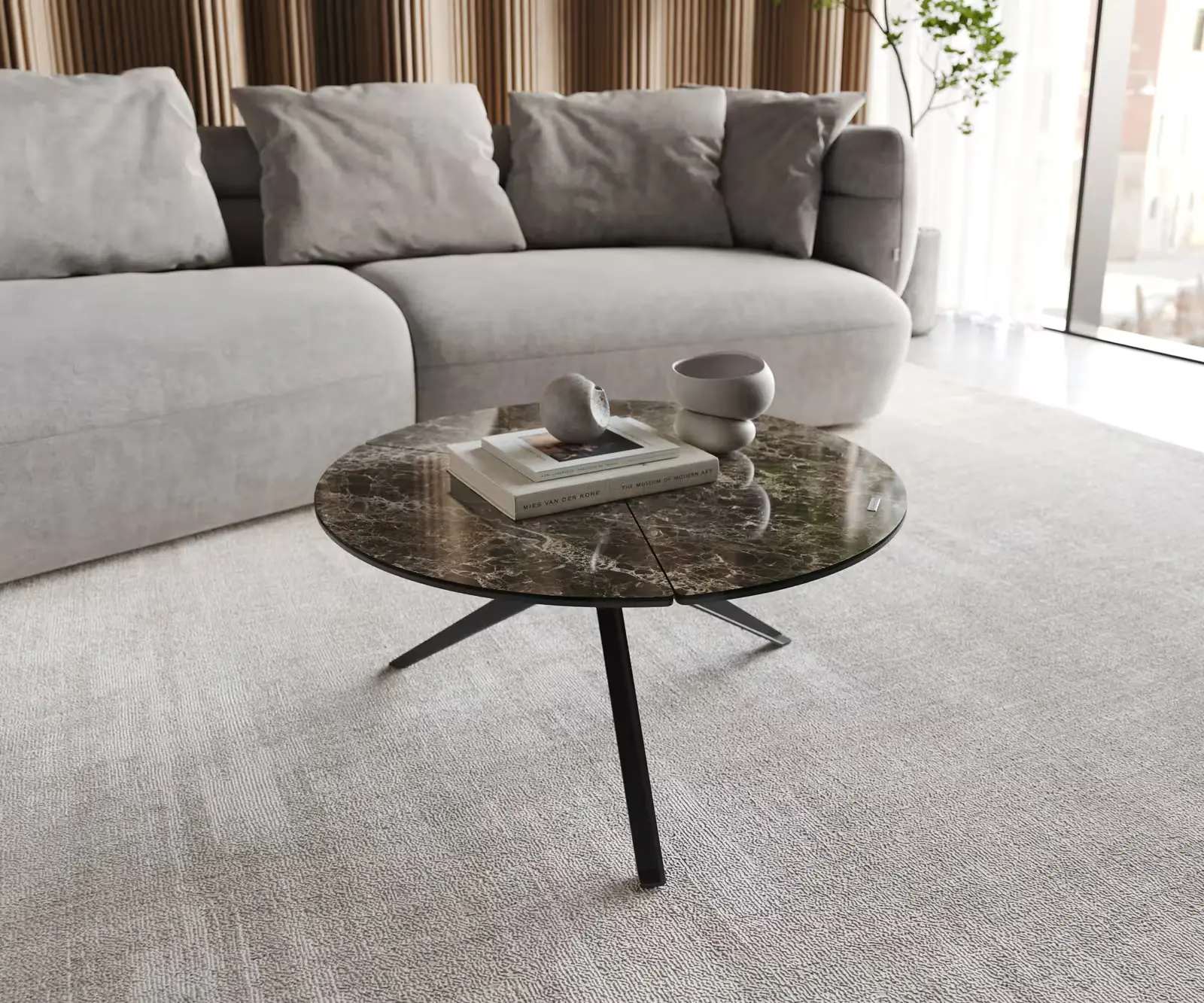 DELIFE Konferenční stolek Delron 70x70 cm keramika Laminam®Emperador Extra Lucidato tmavě hnědá křížová podnož plochá kov černá