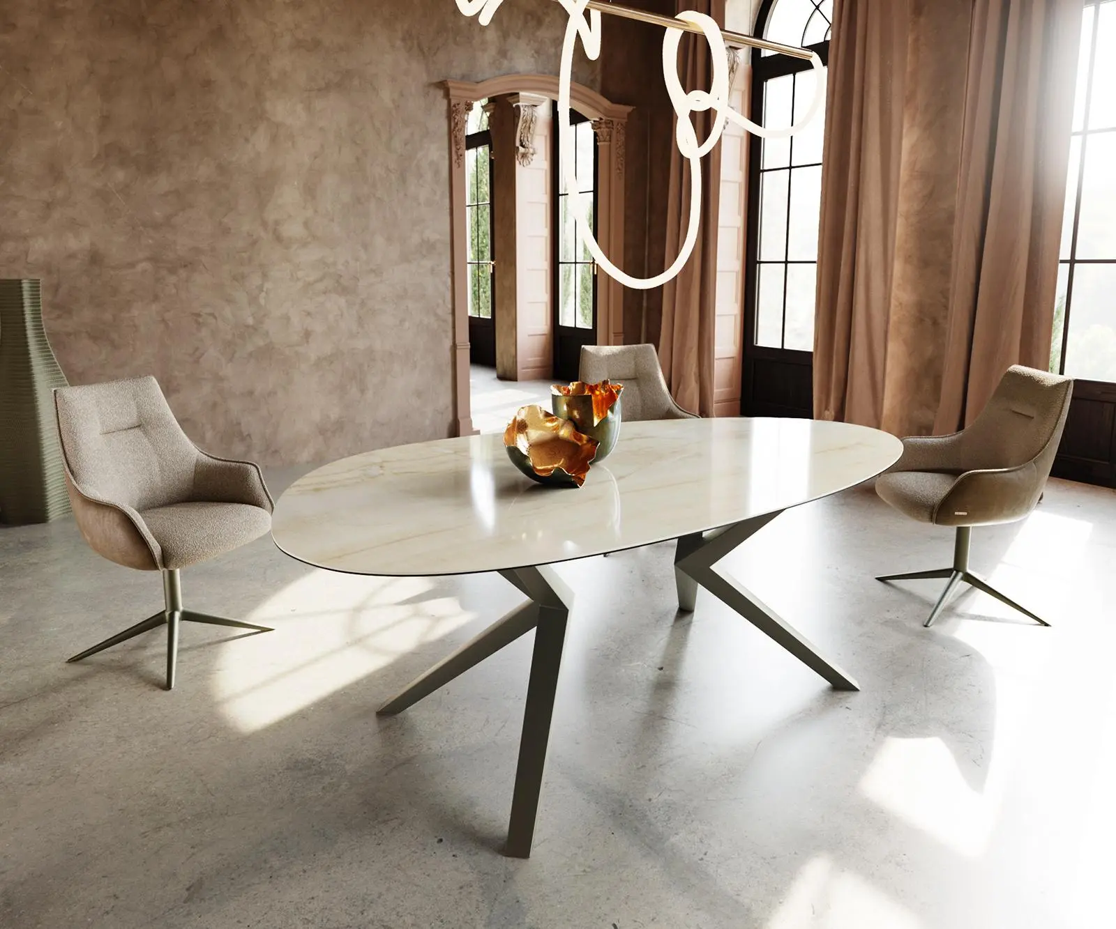 DELIFE Jídelní stůl Edge oválný 220x120 keramika Iris FMG Onice Oro Zenthara hranatý kov efektová úprava titan