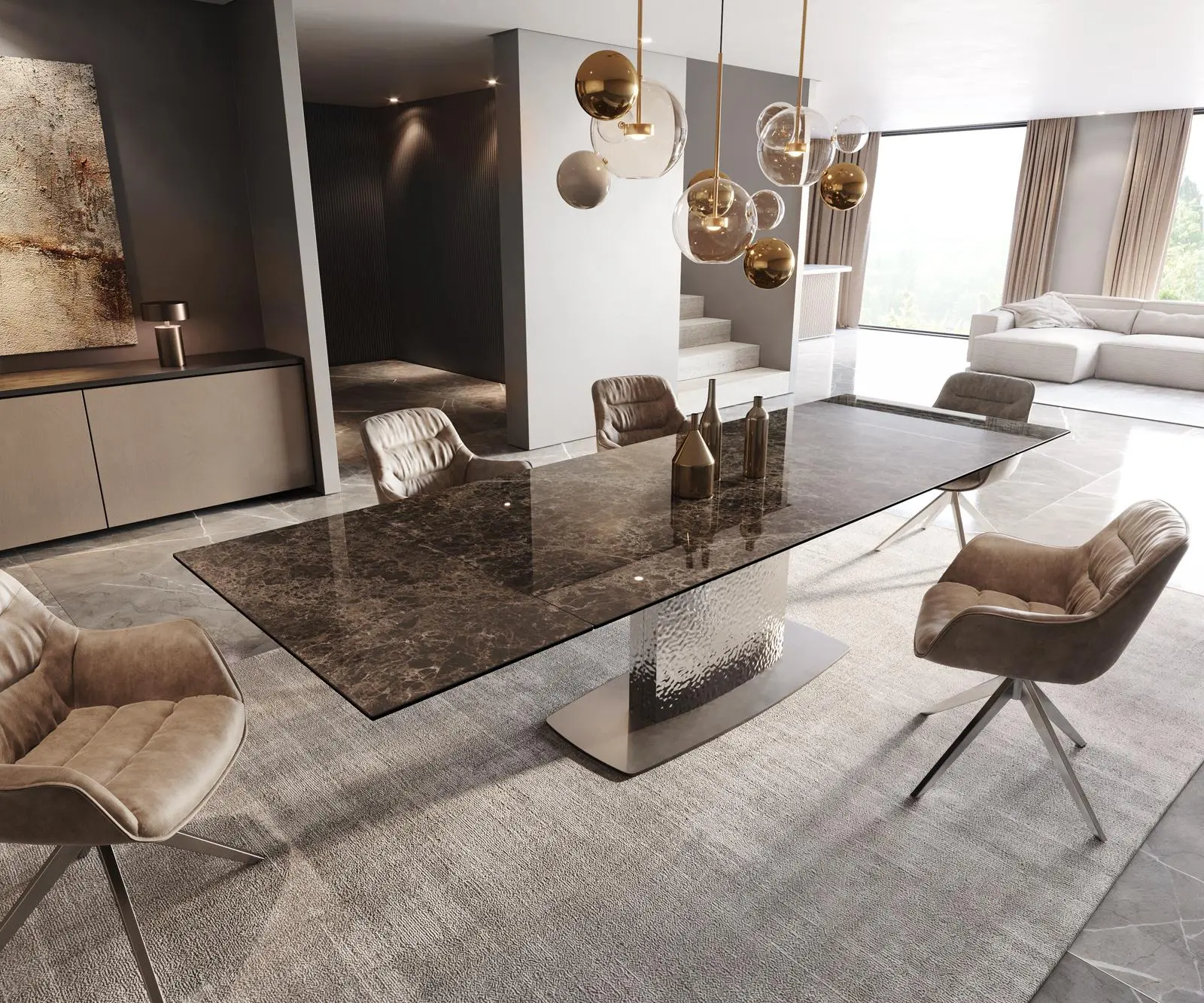DELIFE Jídelní stůl Edge 200-300x100 keramika Laminam® Emperador Extra Lucidato tmavě hnědá Wave nerezová ocel rozkládací
