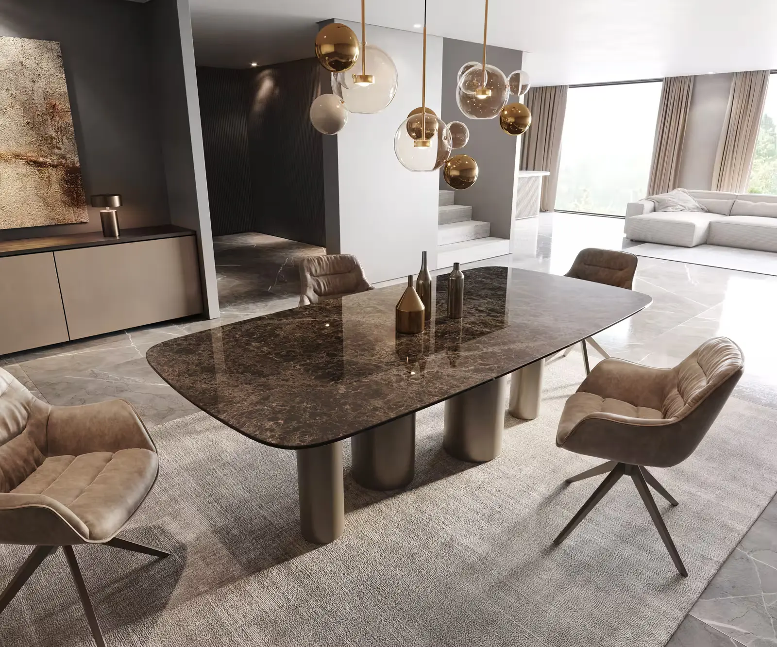 DELIFE Jídelní stůl Edge Boot 240x120 keramika Laminam® Emperador Extra Lucidato tmavě hnědá pilíř kov efekt titan