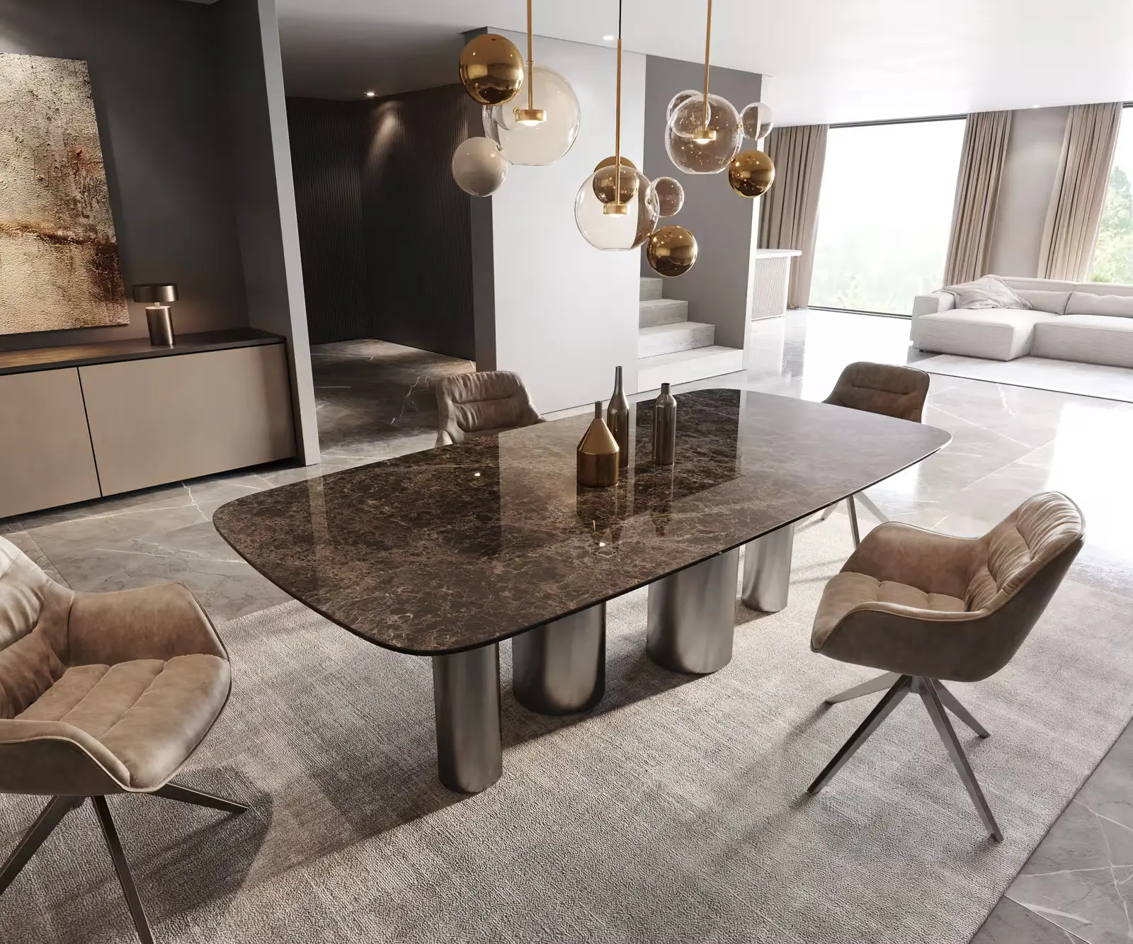 DELIFE Jídelní stůl Edge Boot 240x120 keramika Laminam® Emperador Extra Lucidato tmavě hnědá pilíř nerezová ocel grafit
