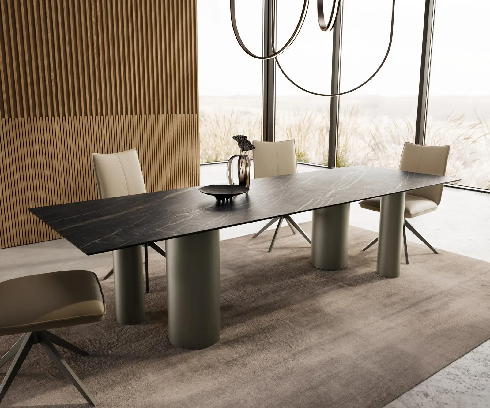 DELIFE Jídelní stůl Edge 300x100 keramika Laminam®Noir Desir hnědý Pilier kov titanový efekt
