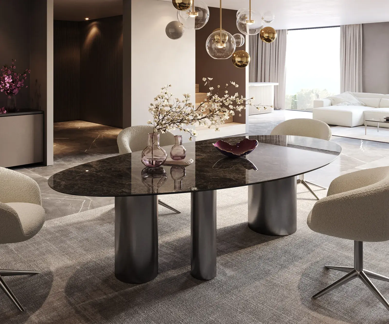DELIFE Jídelní stůl Edge oválný 280x130 keramika Laminam®Emperador Extra Lucidato tmavě hnědá Troa nerezová ocel grafit
