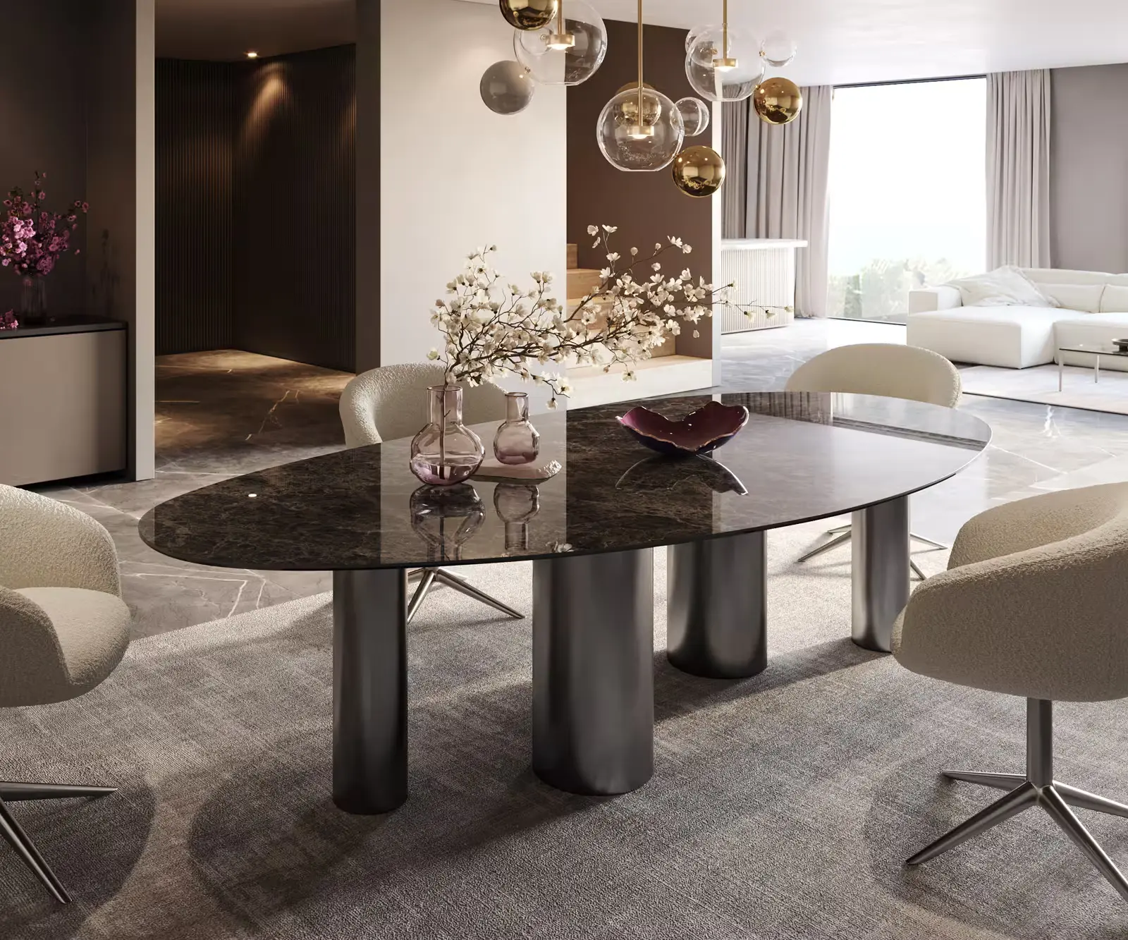 DELIFE Jídelní stůl Edge oválný 280x130 keramika Laminam®Emperador Extra Lucidato tmavě hnědý pilíř nerezová ocel grafit