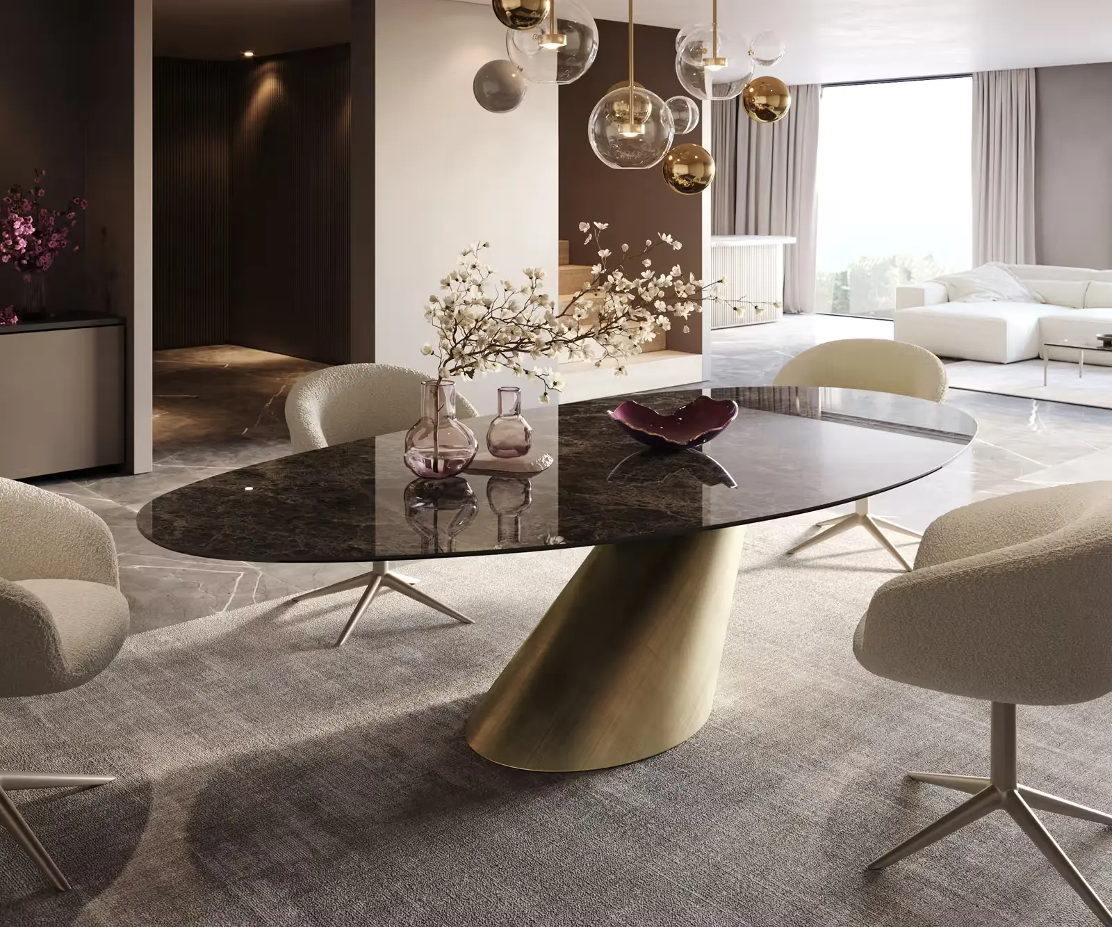 DELIFE Jídelní stůl Edge oválný 280x130 keramika Laminam® Emperador Extra Lucidato tmavě hnědý kužel kov zlatý