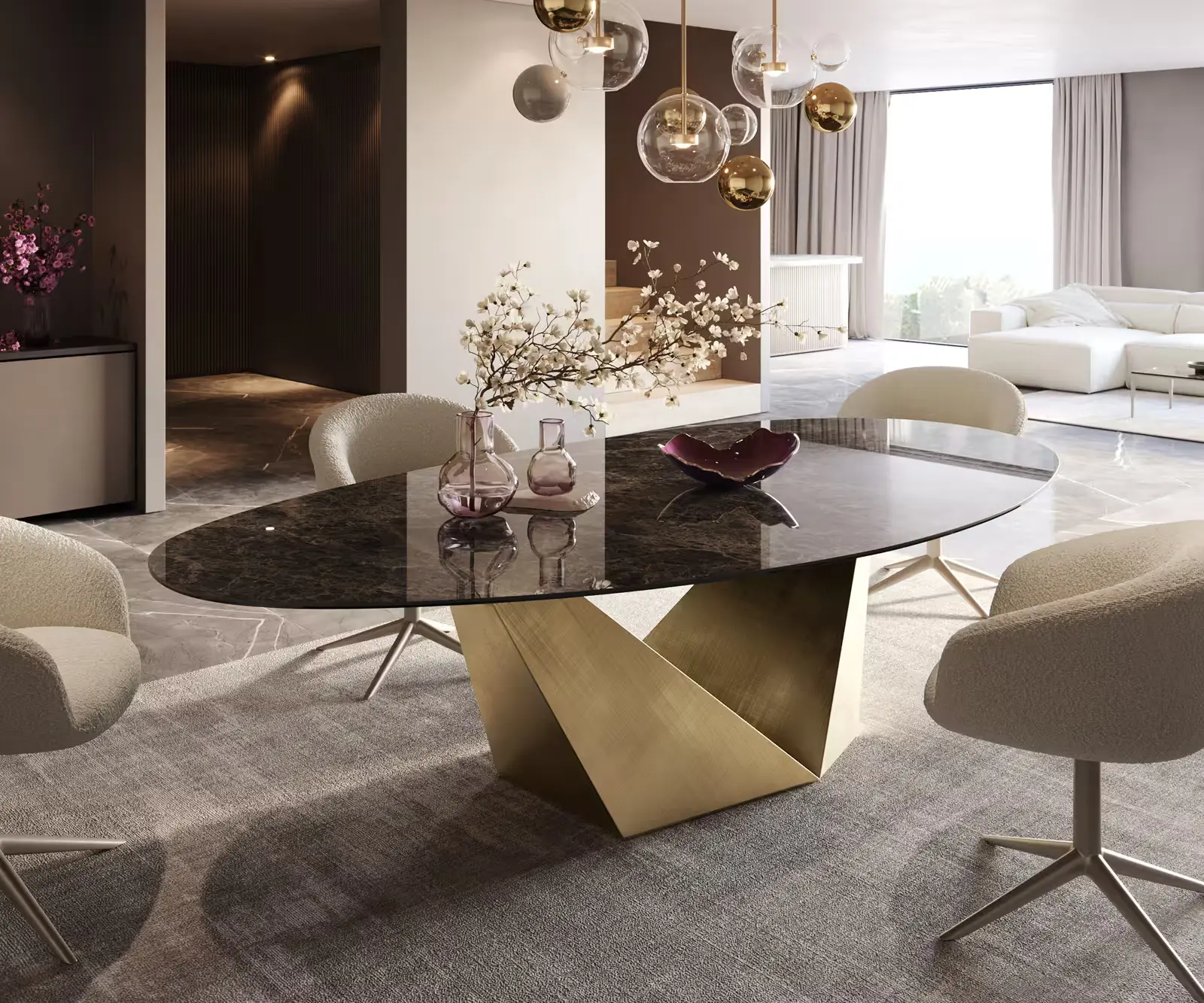 DELIFE Jídelní stůl Edge oválný 280x130 keramika Laminam® Emperador Extra Lucidato tmavě hnědá Prisma Metallic Gold