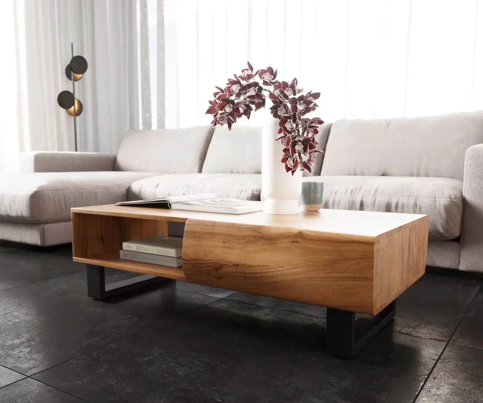 DELIFE Konferenční stolek New Live-Edge 115x60 cm akácie přírodní 2 zásuvky 1 přihrádka kovová tenká podnož černá