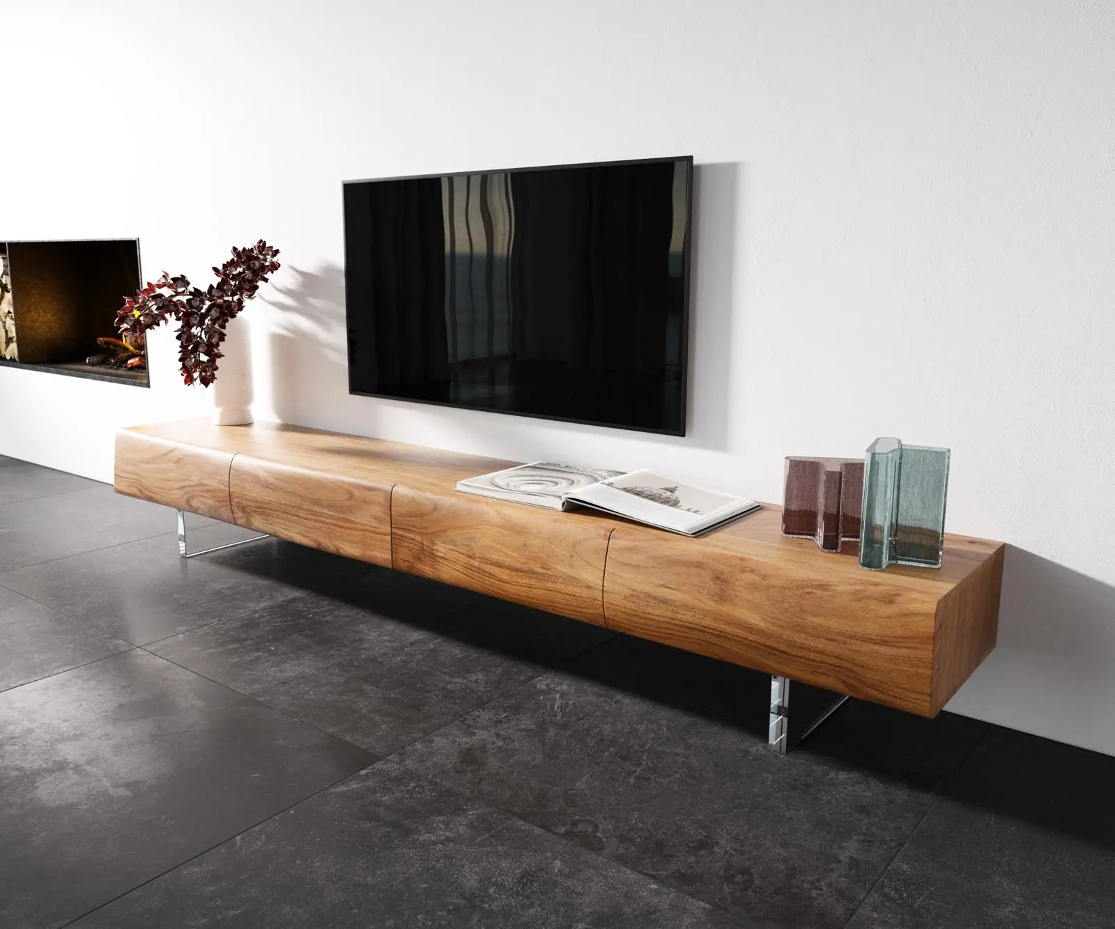 DELIFE TV stolek New Live-Edge 240 cm akácie přírodní 4 zásuvky akrylová podnož