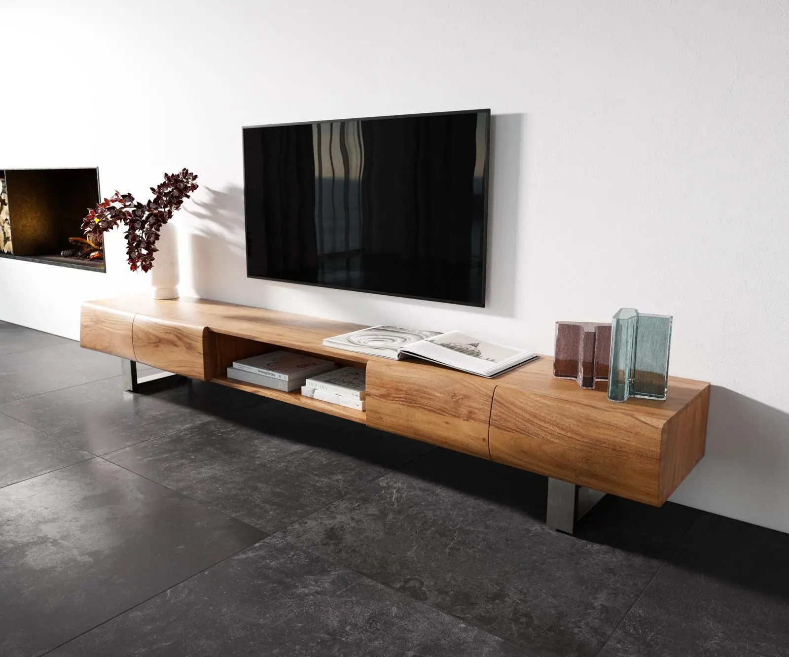 DELIFE TV stolek New Live-Edge 240 cm akácie přírodní 4 dvířka 1 přihrádka tenká podnož nerezová ocel broušená