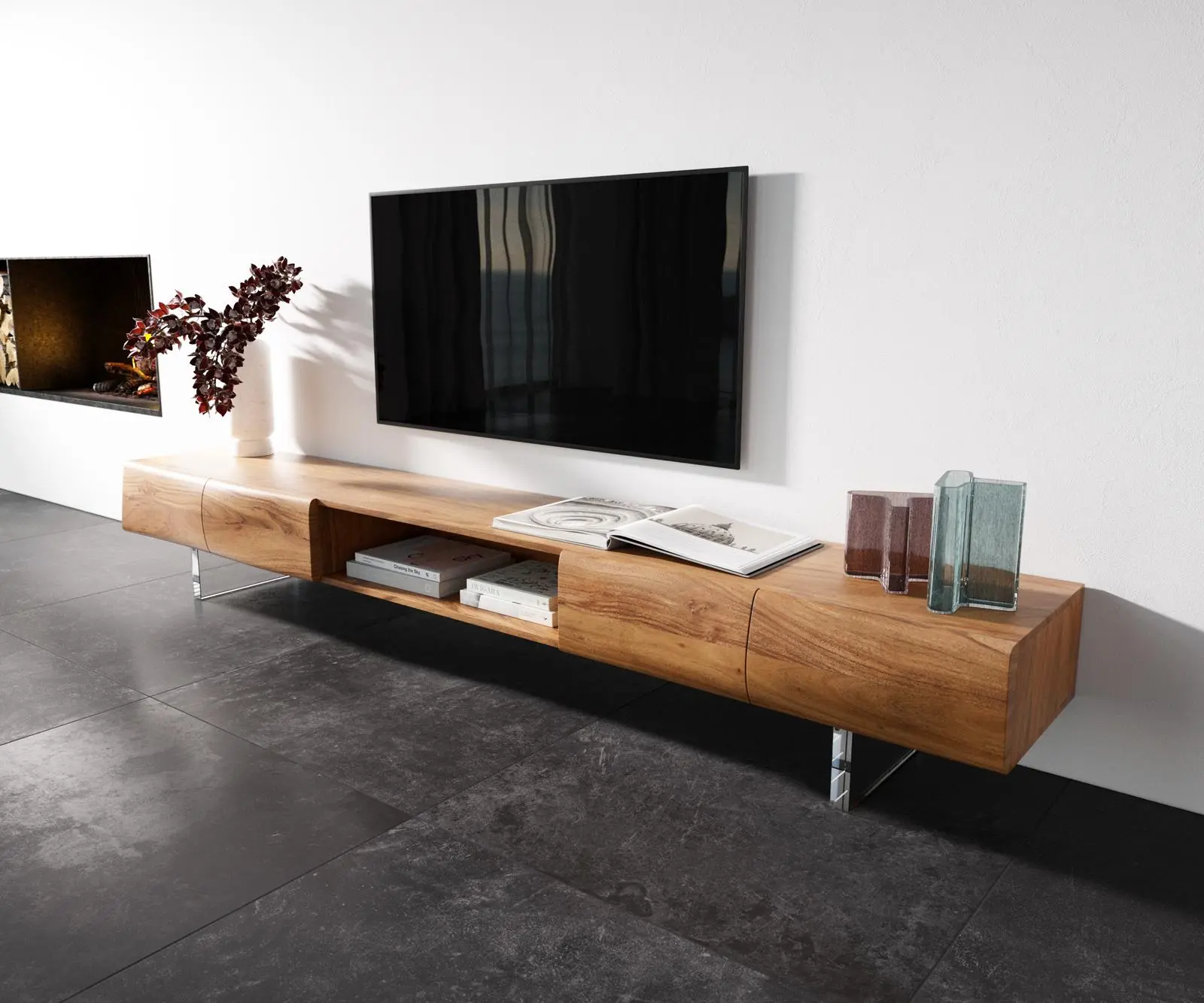 DELIFE TV stolek New Live-Edge 240 cm akácie přírodní 4 dvířka 1 přihrádka akrylová podnož